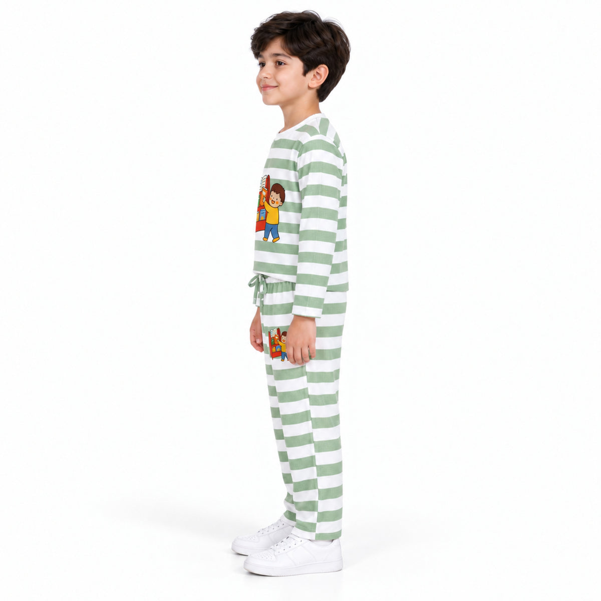 Urban Jipsy Boys Sage Green White Striped Book Graphic Full Sleeve Top & Pant Set