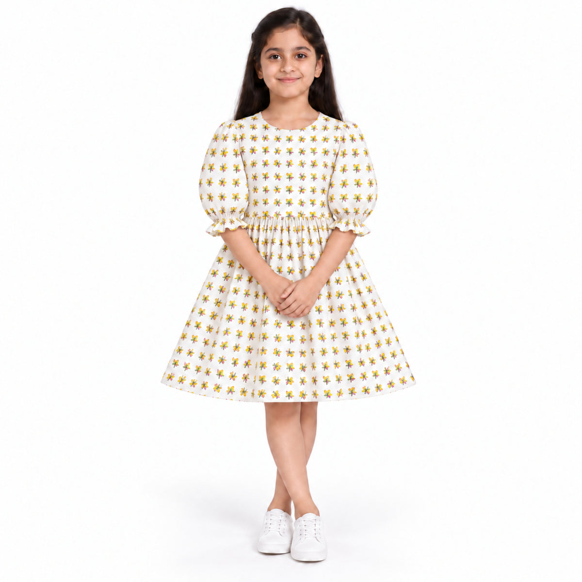 Urban Jipsy Girls White All-Over Printed Puff Sleeve Gathered Waist Casual Dress
