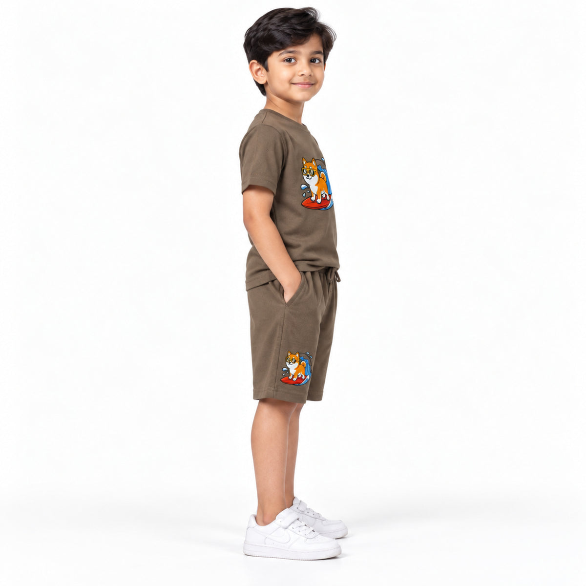 Urban Jipsy Boys Brown Surf Dog Printed Half Sleeve Tee & Drawstring Shorts Set