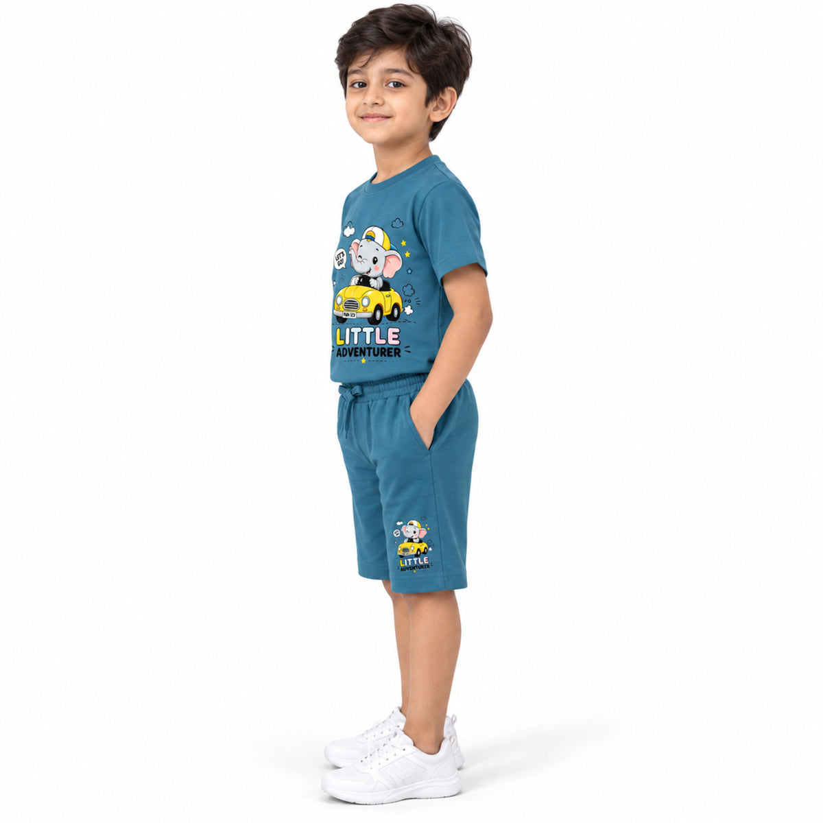 Urban Jipsy Boys Blue Elephant Adventure Printed T-Shirt with Coordinated Shorts