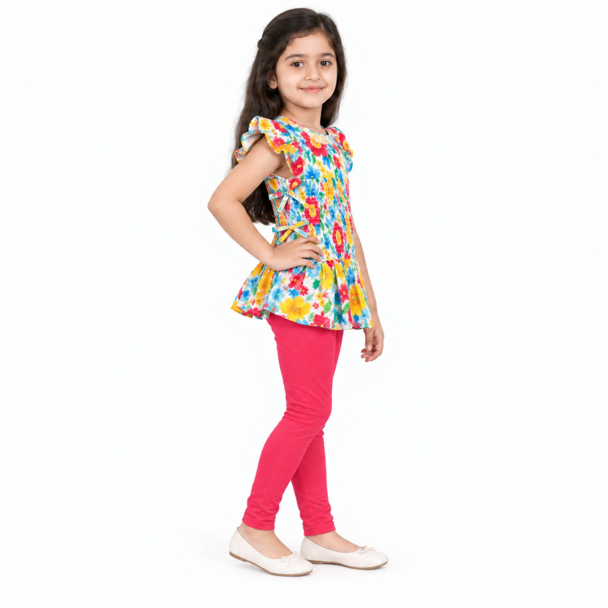 Urban Jipsy Girls Multicolor Floral Printed Smocked Ruffle Top with Flutter Sleeves