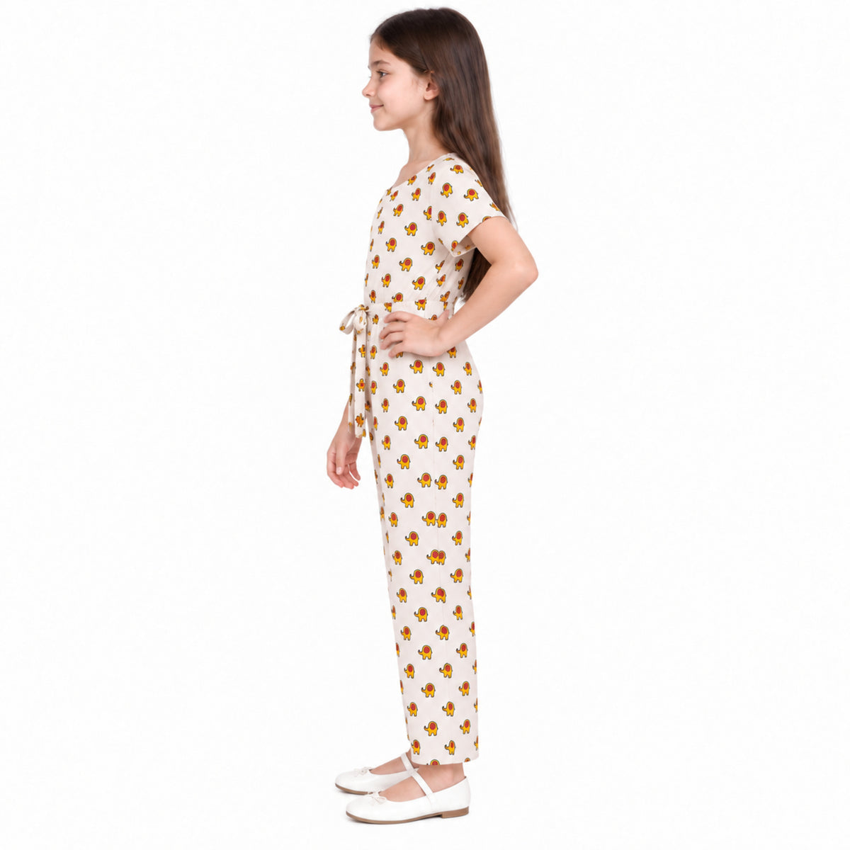 Urban Jipsy Girls Ivory Elephant Print Jumpsuit with Tie Waist & Short Sleeves