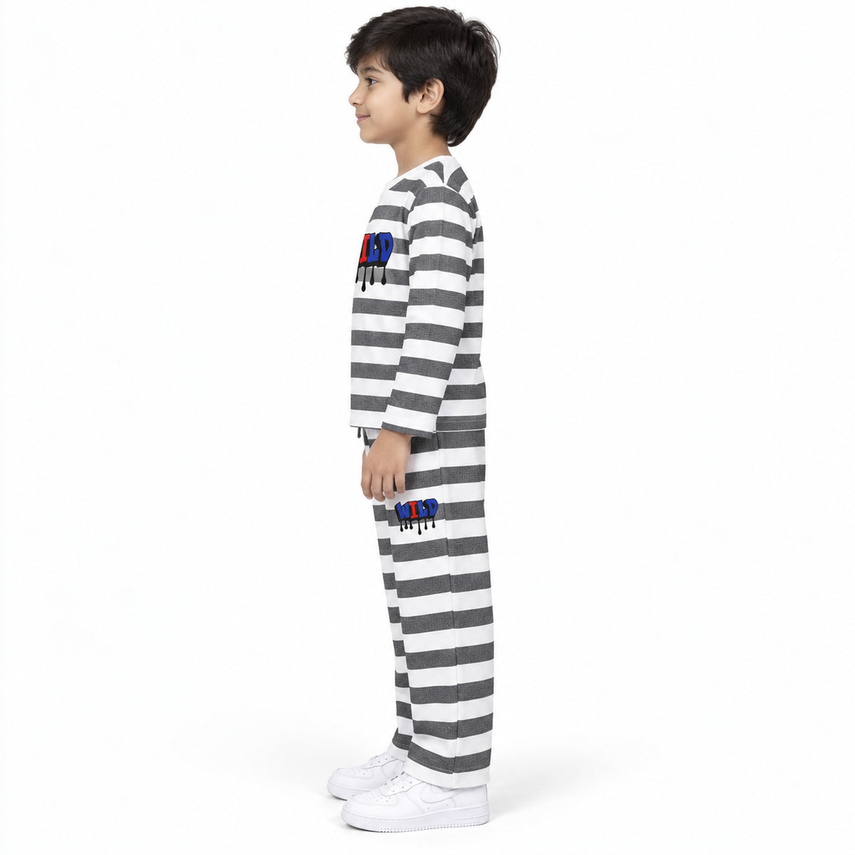 Urban Jipsy Boys Grey Striped Character Print Full Sleeve T-Shirt & Pant Co-ord Set