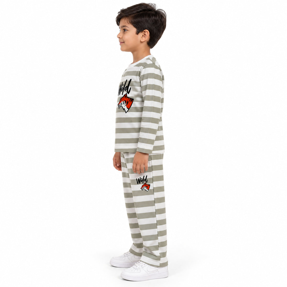 Urban Jipsy Boys Grey White Striped Wild Graphic Full Sleeve Top & Jogger Pant Set