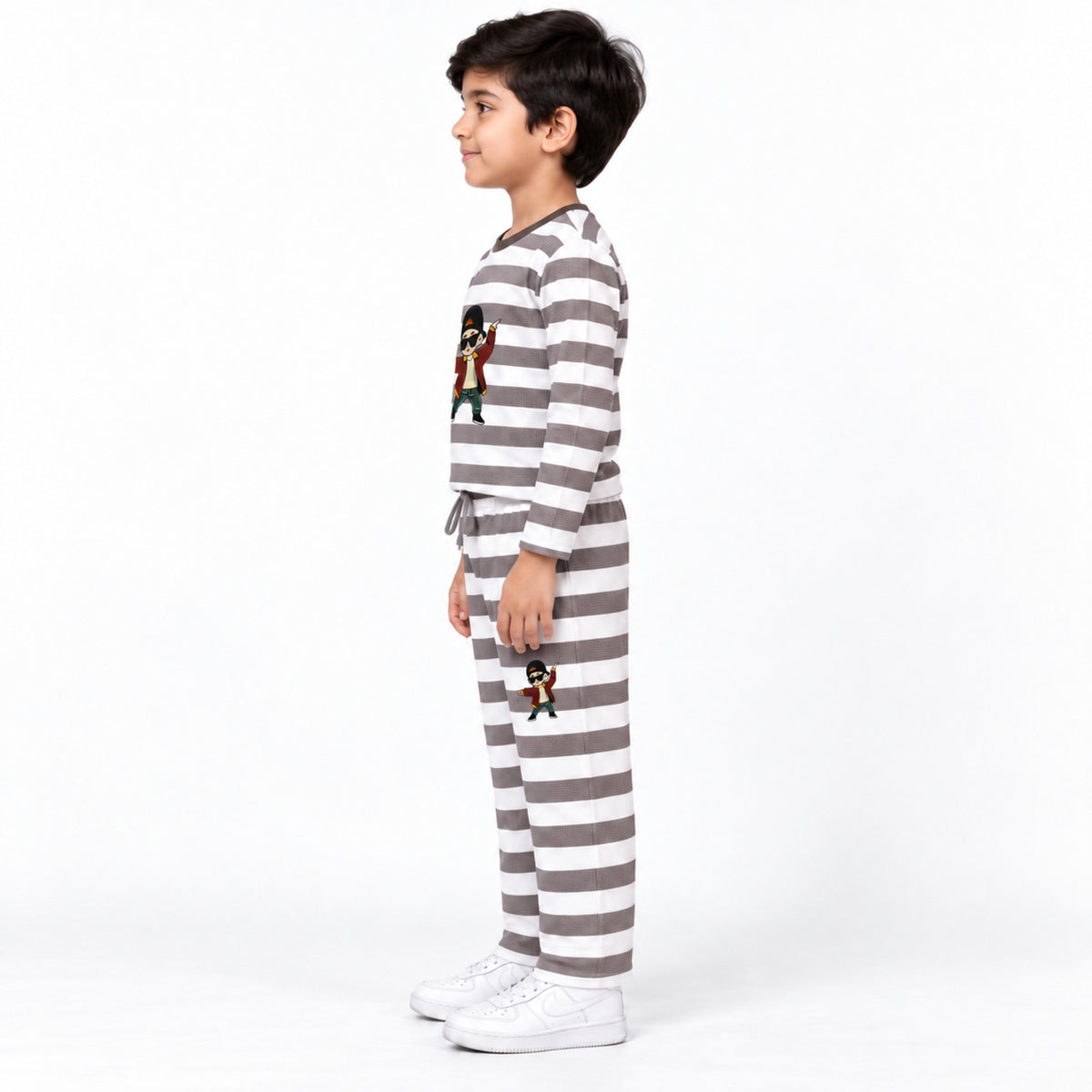Urban Jipsy Boys Grey Striped Character Print Full Sleeve T-Shirt & Pant Co-ord Set