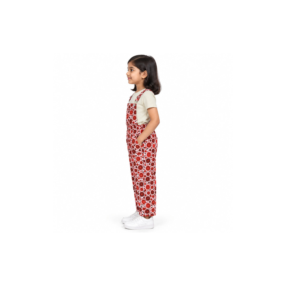 Urban Jipsy Girls Red Floral Printed Dungaree with Adjustable Straps & Front Pockets