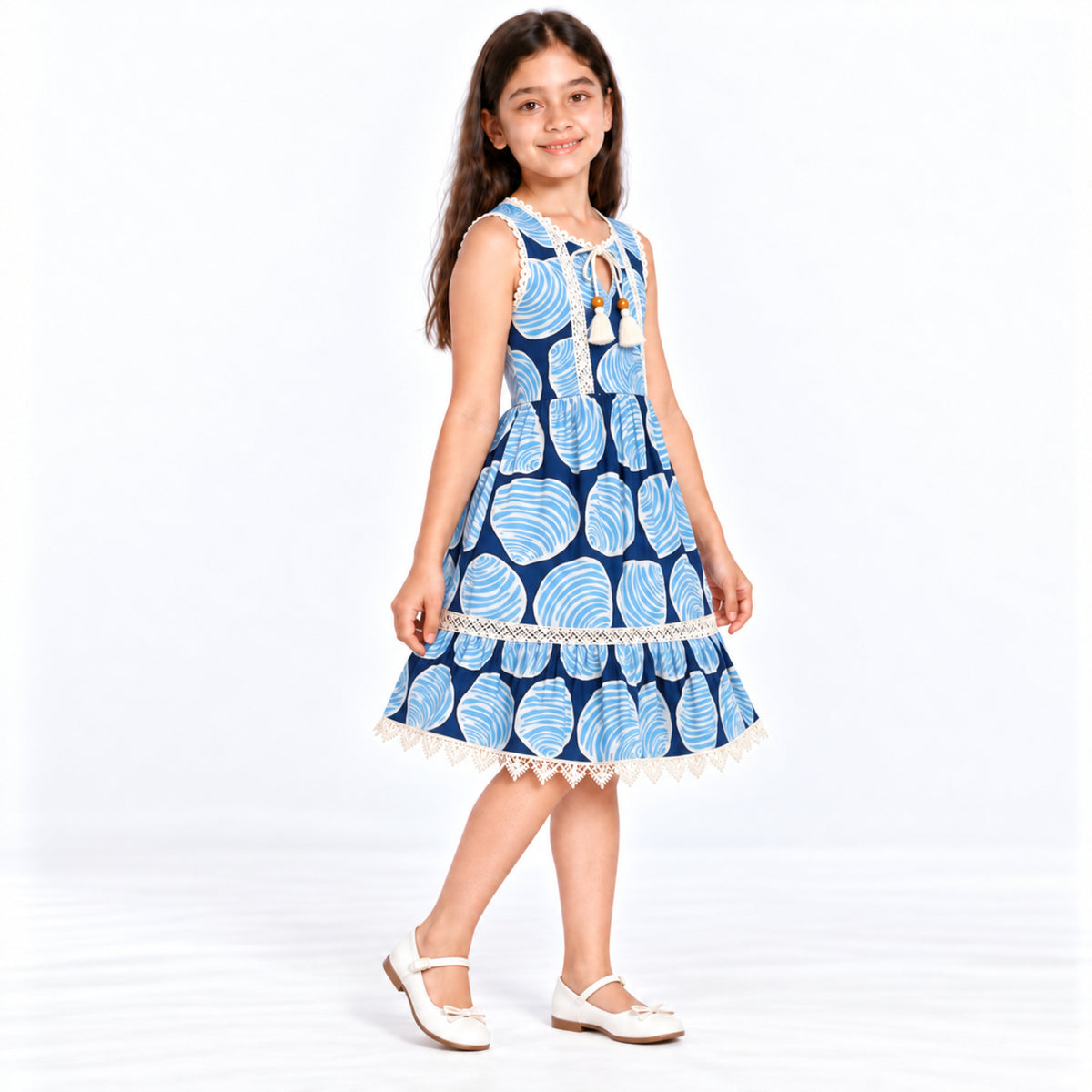 Urban Jipsy Girls Navy Blue Abstract Print Sleeveless Tiered Dress with Tassel Neck
