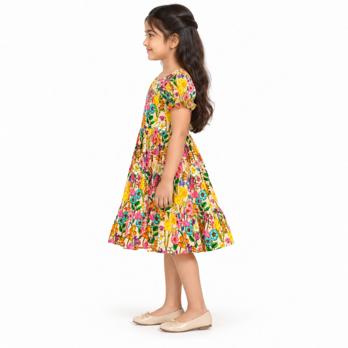 Urban Jipsy Girls Multicolor Floral Printed Puff Sleeve Fit & Flare Party Dress