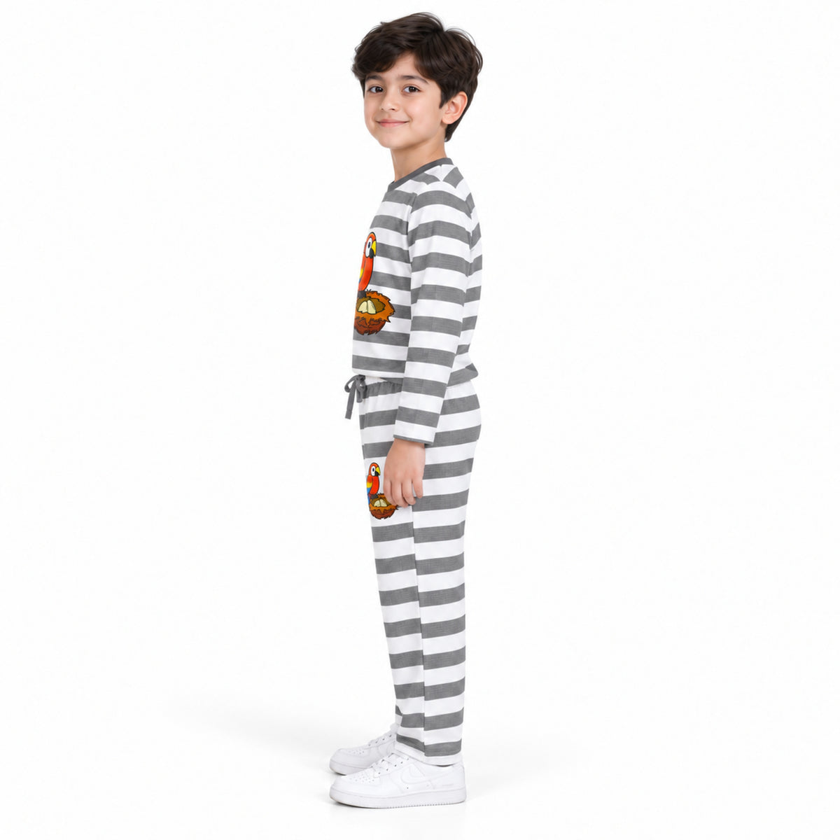 Urban Jipsy Boys Parrot Graphic Grey White Striped Full Sleeve Top & Trouser Set