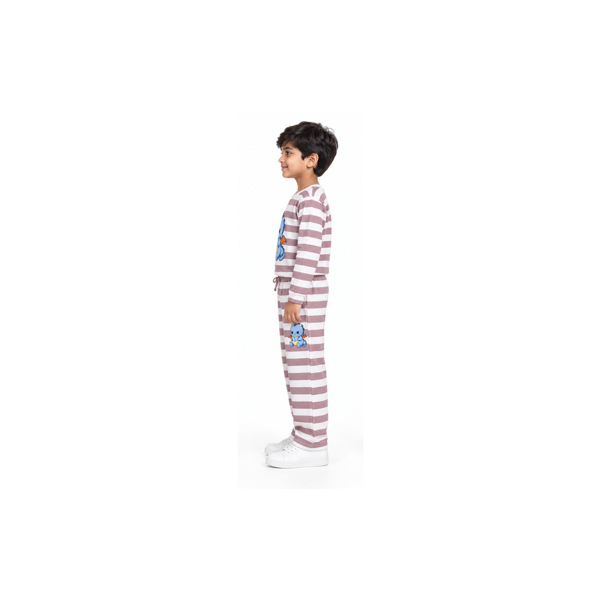 Urban Jipsy Boys Dusty Pink White Striped Cute Dinosaur Print Top & Trouser Set
