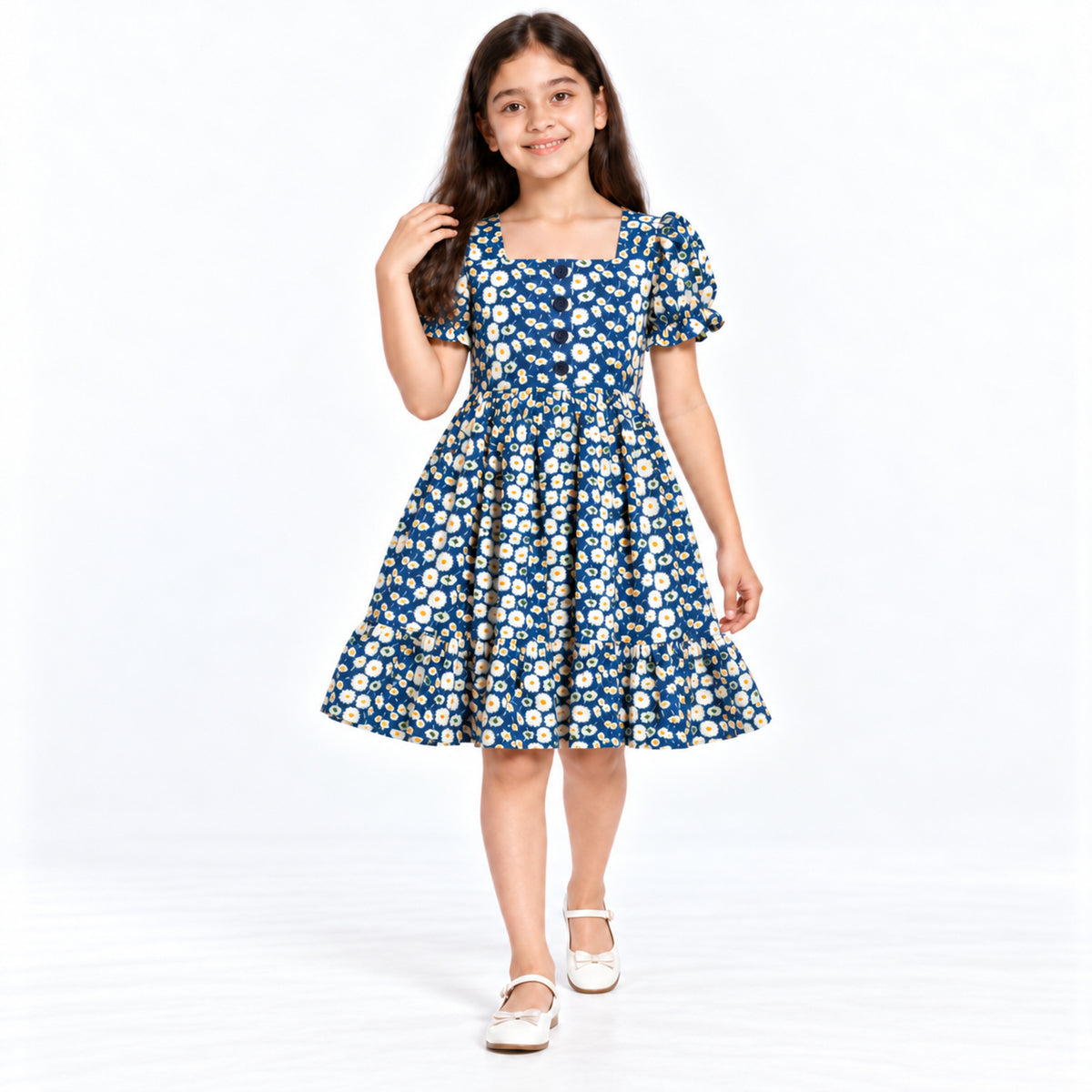 Urban Jipsy Girls Navy Blue Daisy Floral Puff Sleeve Dress with Square Neck & Buttons