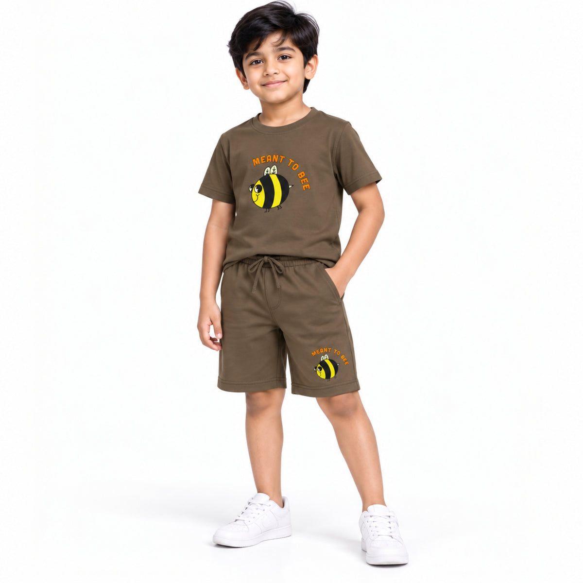 Urban Jipsy Boys Brown Bee Graphic Crew Neck T-Shirt with Matching Casual Shorts