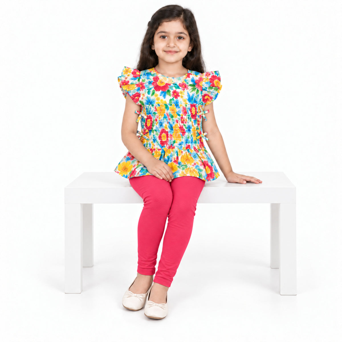 Urban Jipsy Girls Multicolor Floral Printed Smocked Ruffle Top with Flutter Sleeves