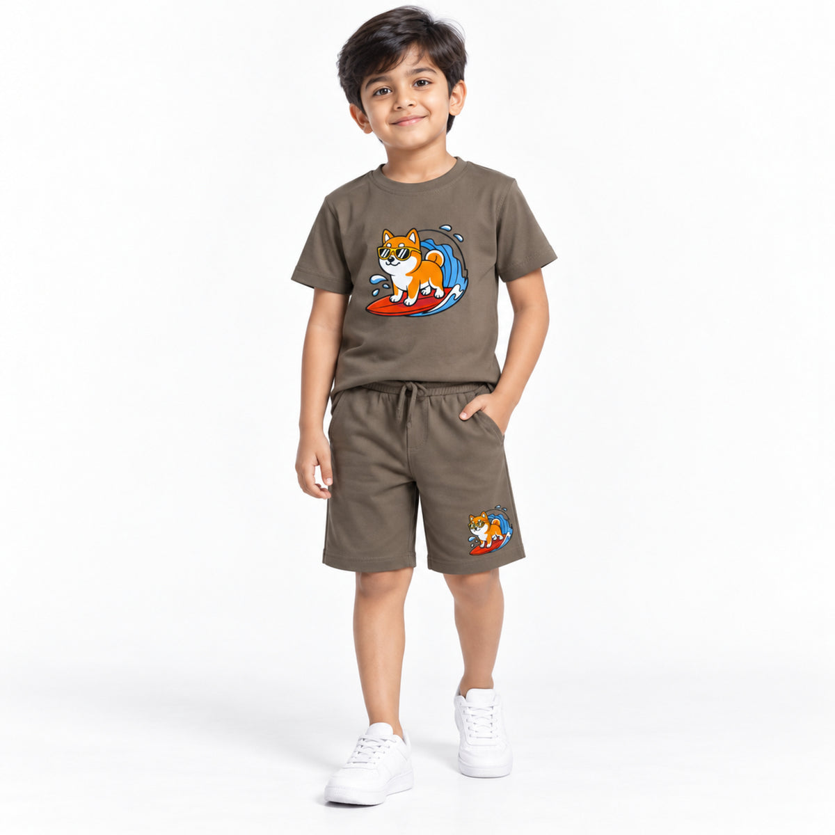 Urban Jipsy Boys Brown Surf Dog Printed Half Sleeve Tee & Drawstring Shorts Set