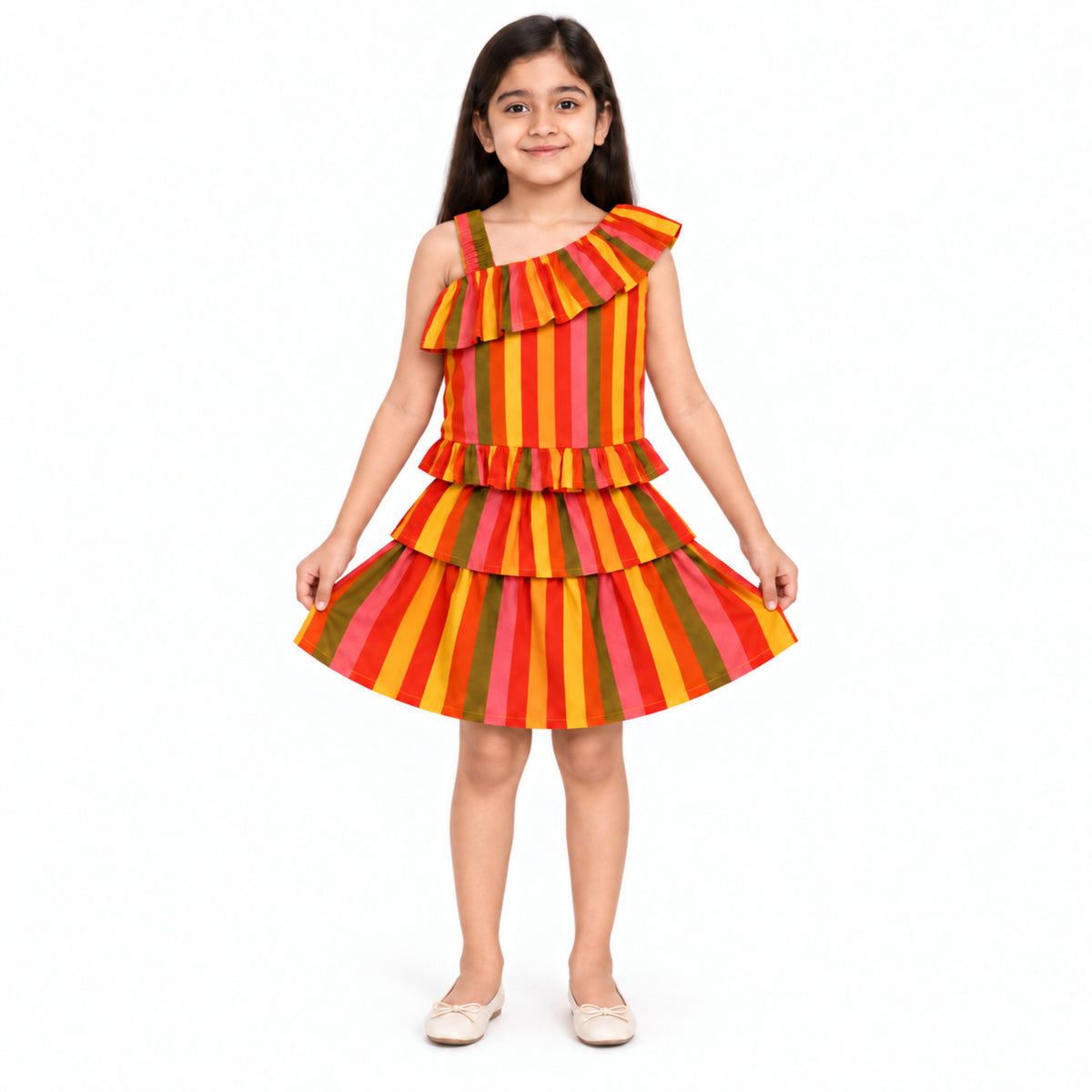 Urban Jipsy Girls Multicolor Striped One Shoulder Ruffle Tiered Party Dress