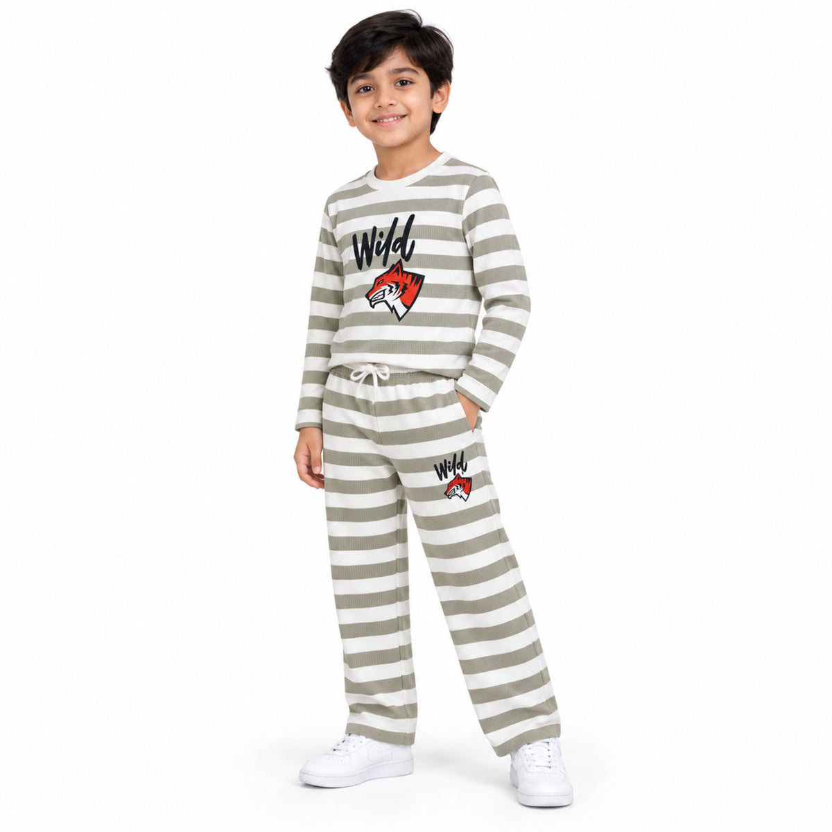 Urban Jipsy Boys Grey White Striped Wild Graphic Full Sleeve Top & Jogger Pant Set