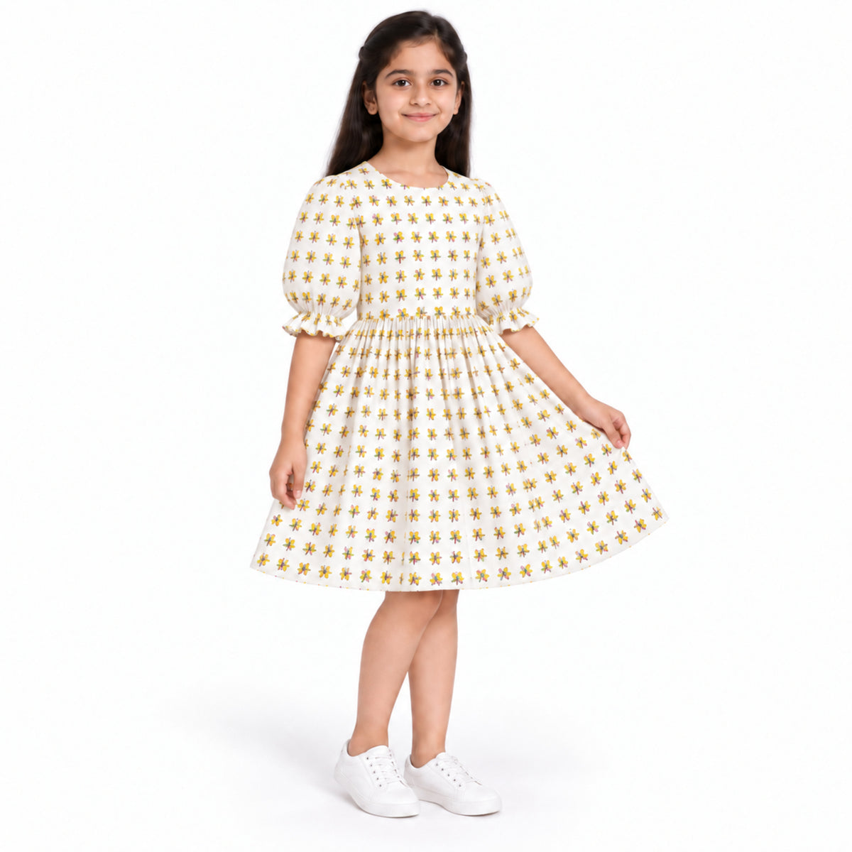 Urban Jipsy Girls White All-Over Printed Puff Sleeve Gathered Waist Casual Dress