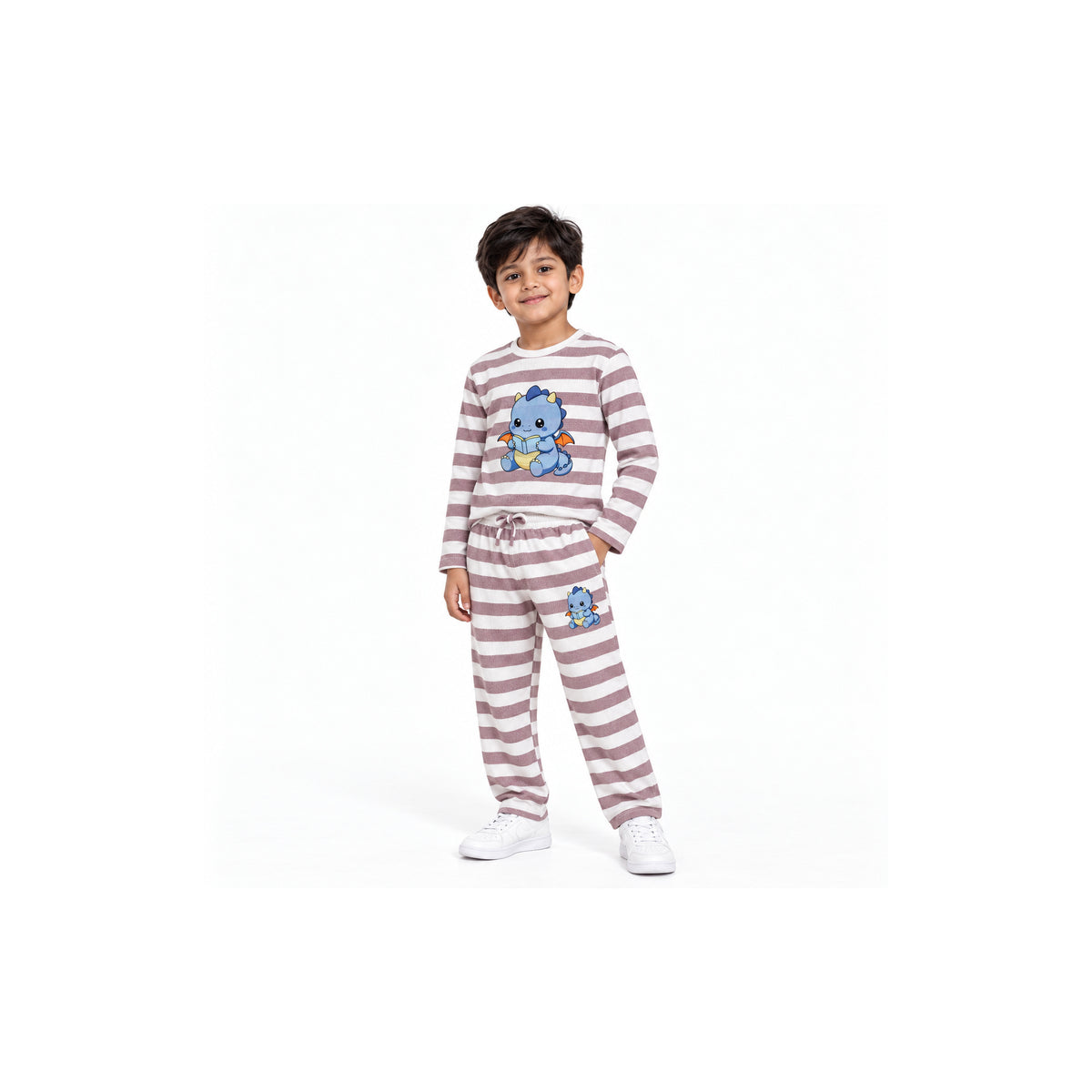 Urban Jipsy Boys Dusty Pink White Striped Cute Dinosaur Print Top & Trouser Set
