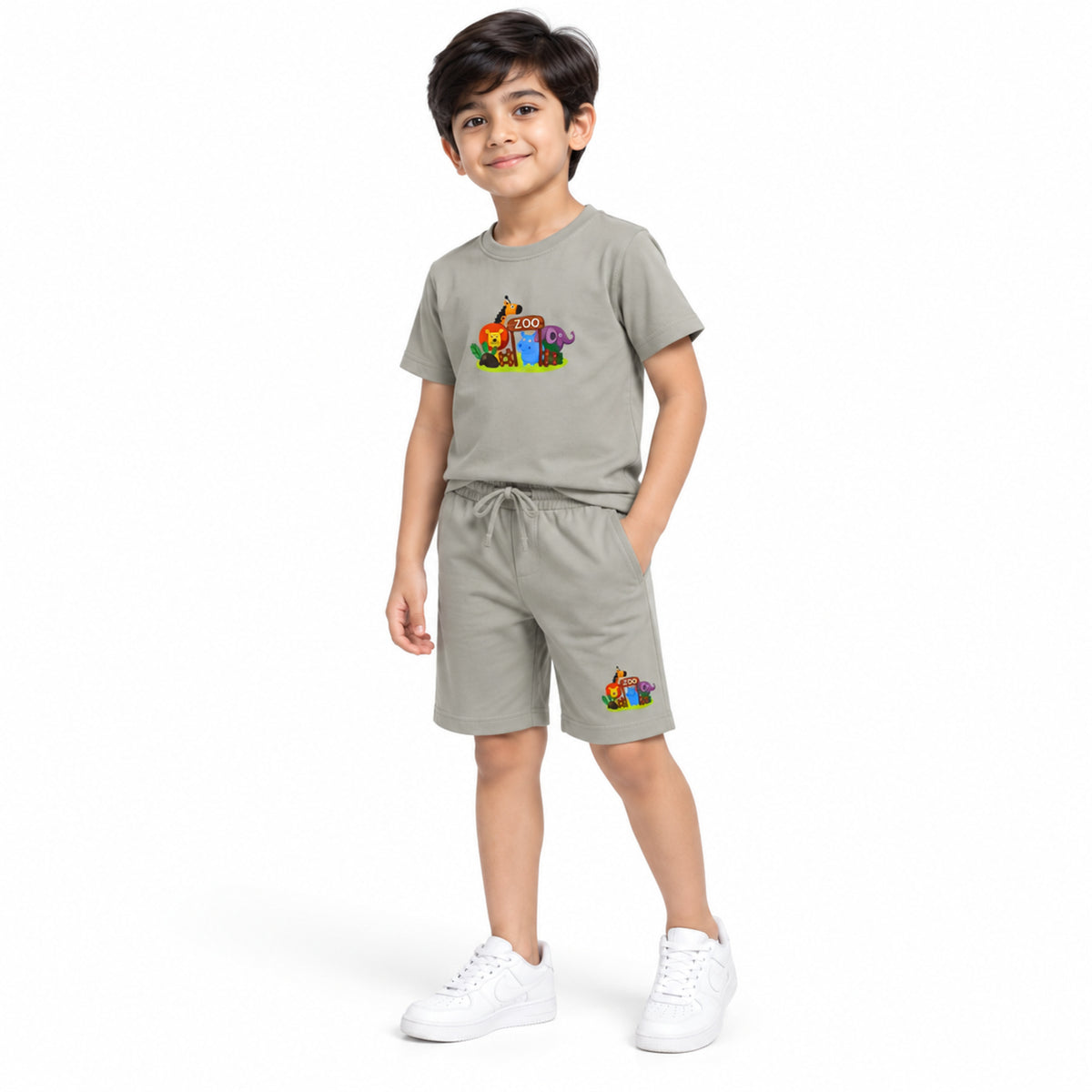 Urban Jipsy Boys Grey Zoo Graphic T-Shirt with Matching Casual Shorts