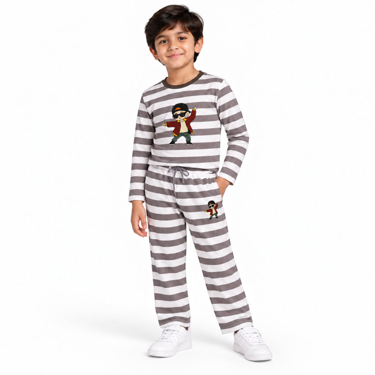Urban Jipsy Boys Grey Striped Character Print Full Sleeve T-Shirt & Pant Co-ord Set
