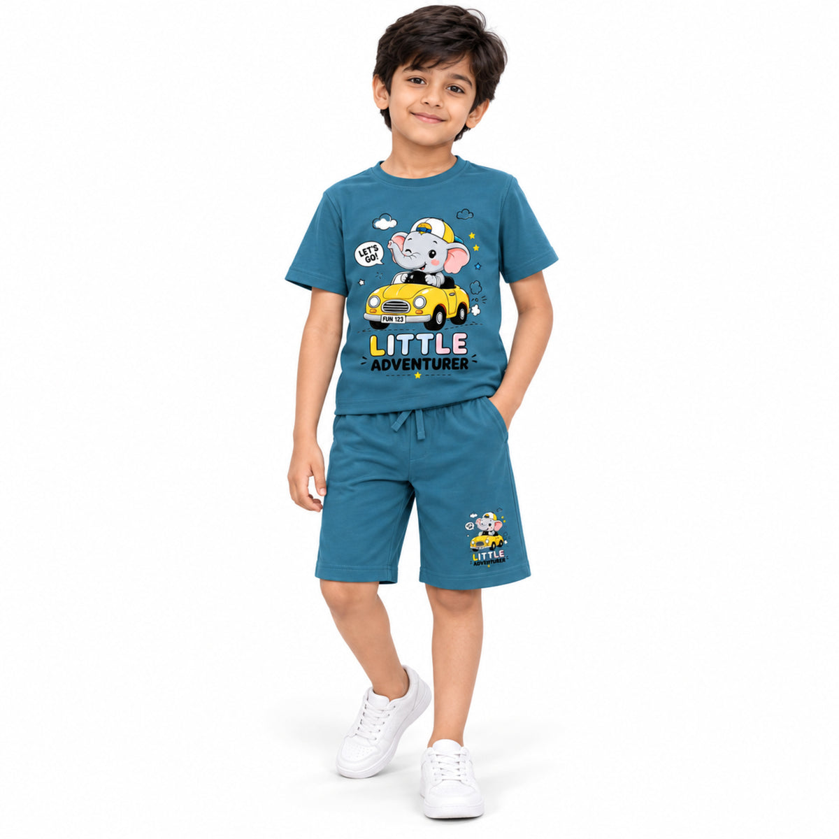 Urban Jipsy Boys Blue Elephant Adventure Printed T-Shirt with Coordinated Shorts