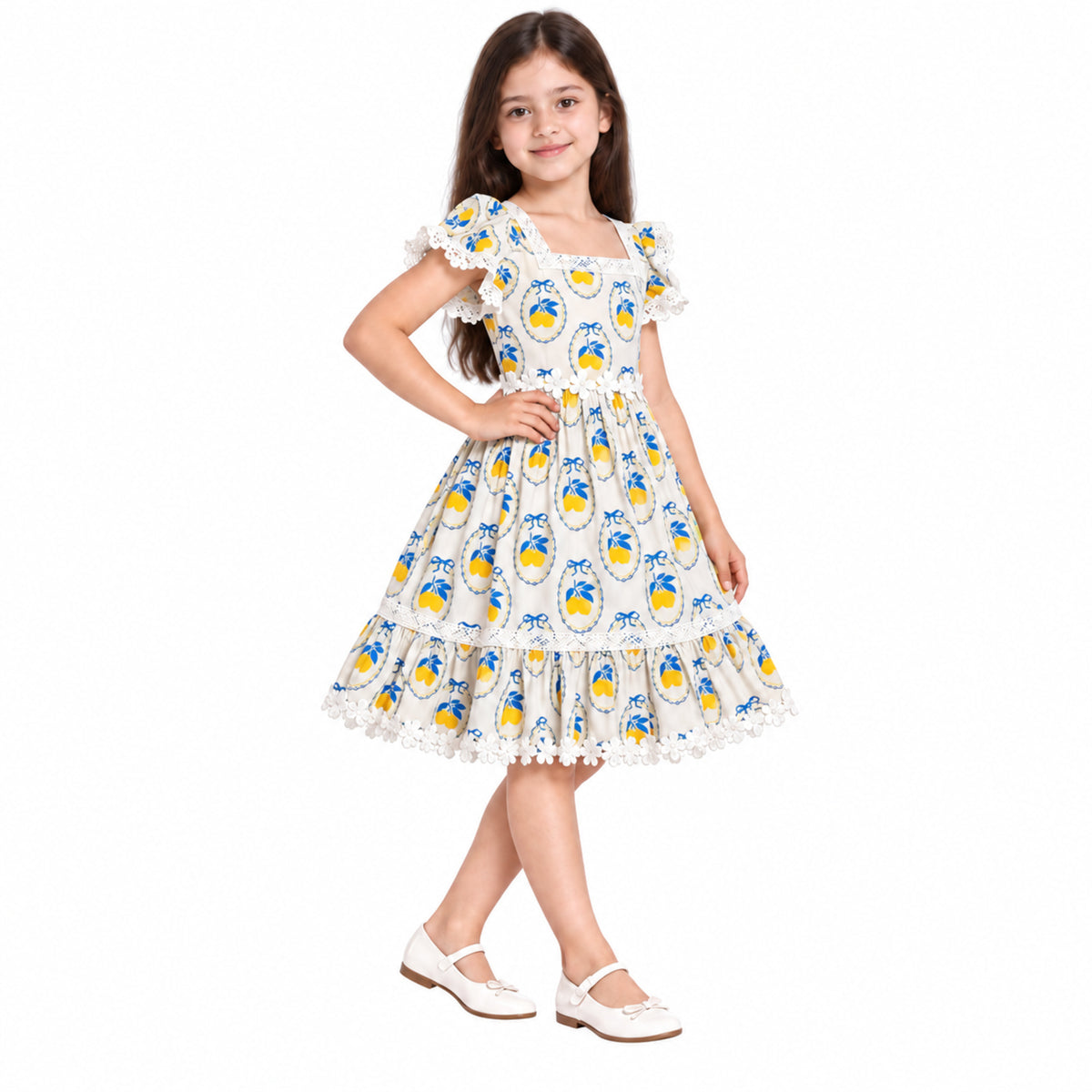 Urban Jipsy Girls White Lemon Print Fit & Flare Dress with Lace & Ruffle Sleeves