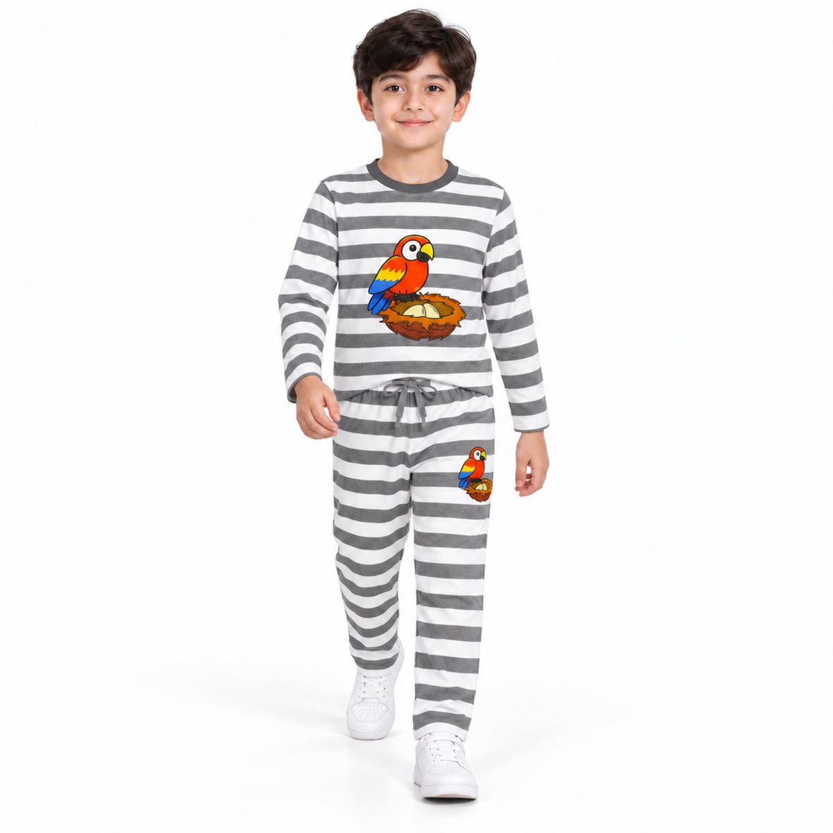 Urban Jipsy Boys Parrot Graphic Grey White Striped Full Sleeve Top & Trouser Set