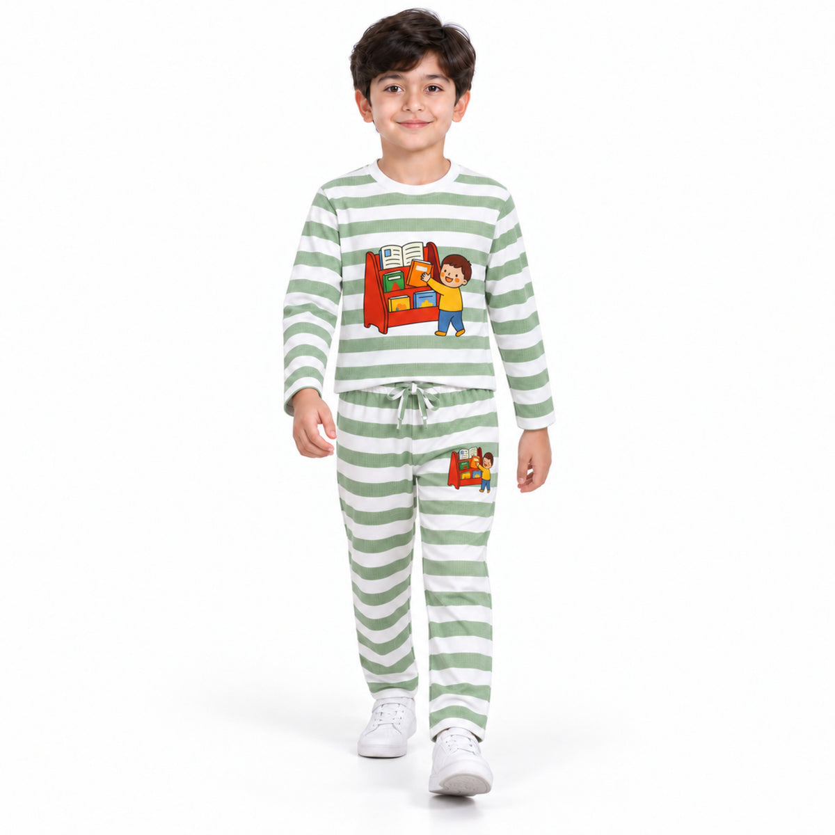 Urban Jipsy Boys Sage Green White Striped Book Graphic Full Sleeve Top & Pant Set