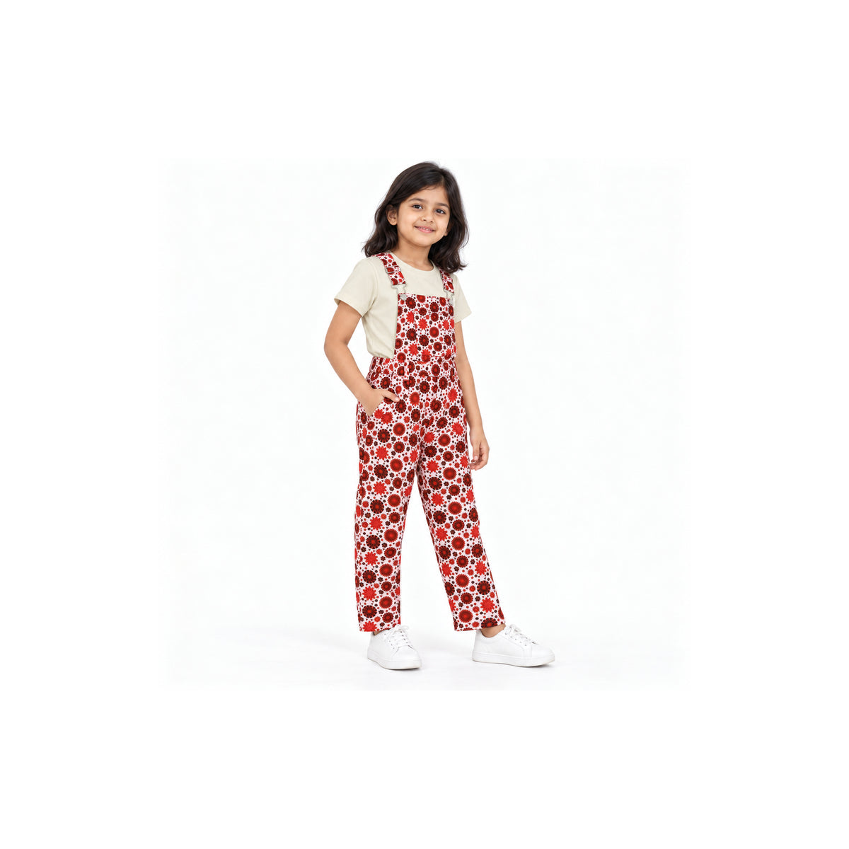 Urban Jipsy Girls Red Floral Printed Dungaree with Adjustable Straps & Front Pockets