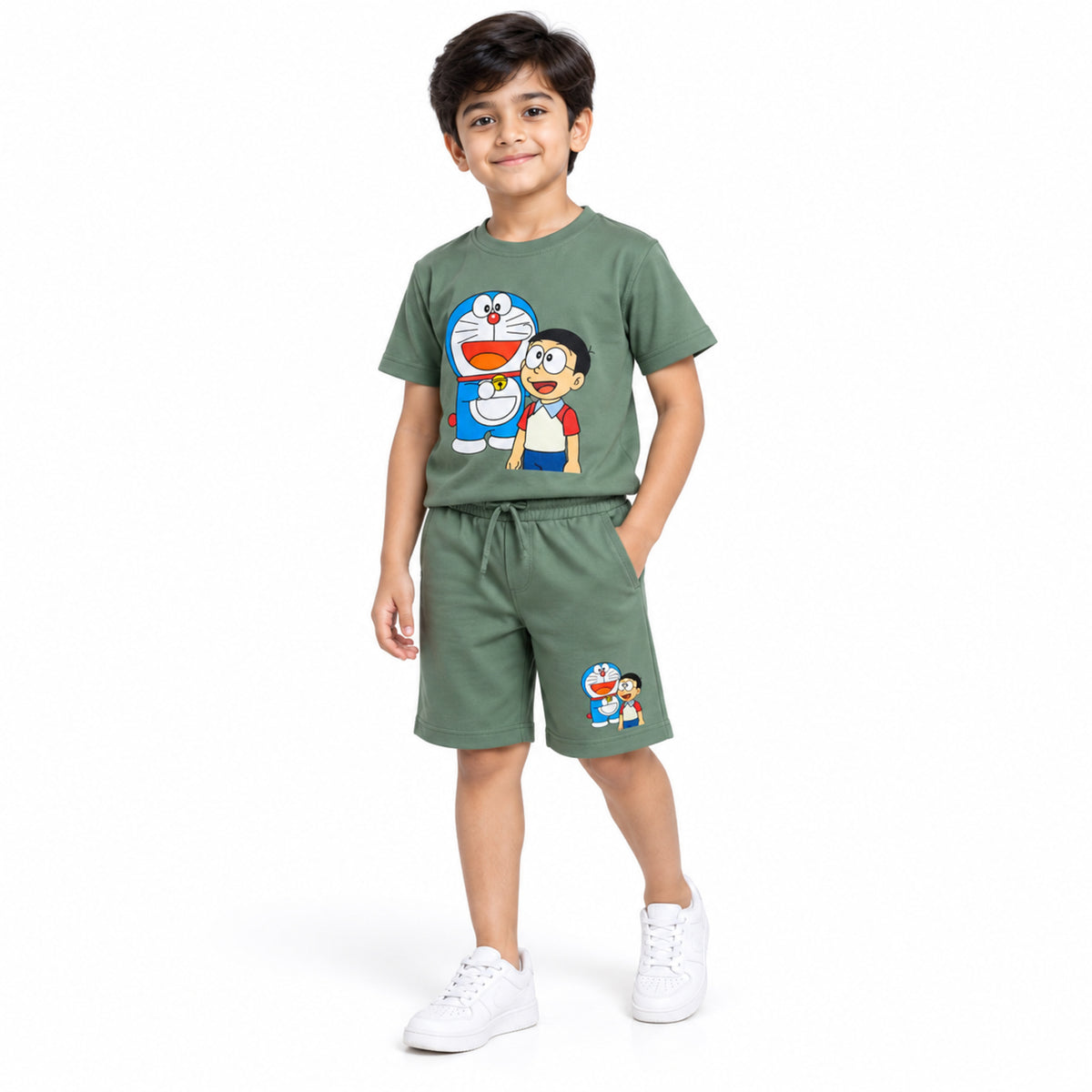 Urban Jipsy Boys Sage Green Cartoon Graphic T-Shirt with Matching Shorts Set