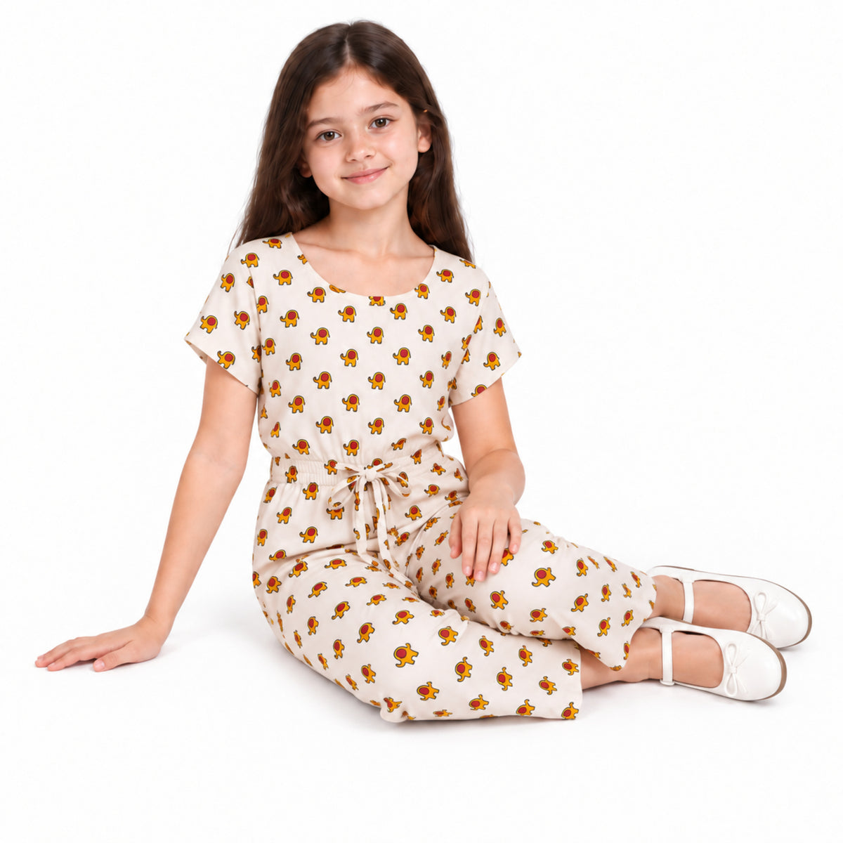 Urban Jipsy Girls Ivory Elephant Print Jumpsuit with Tie Waist & Short Sleeves