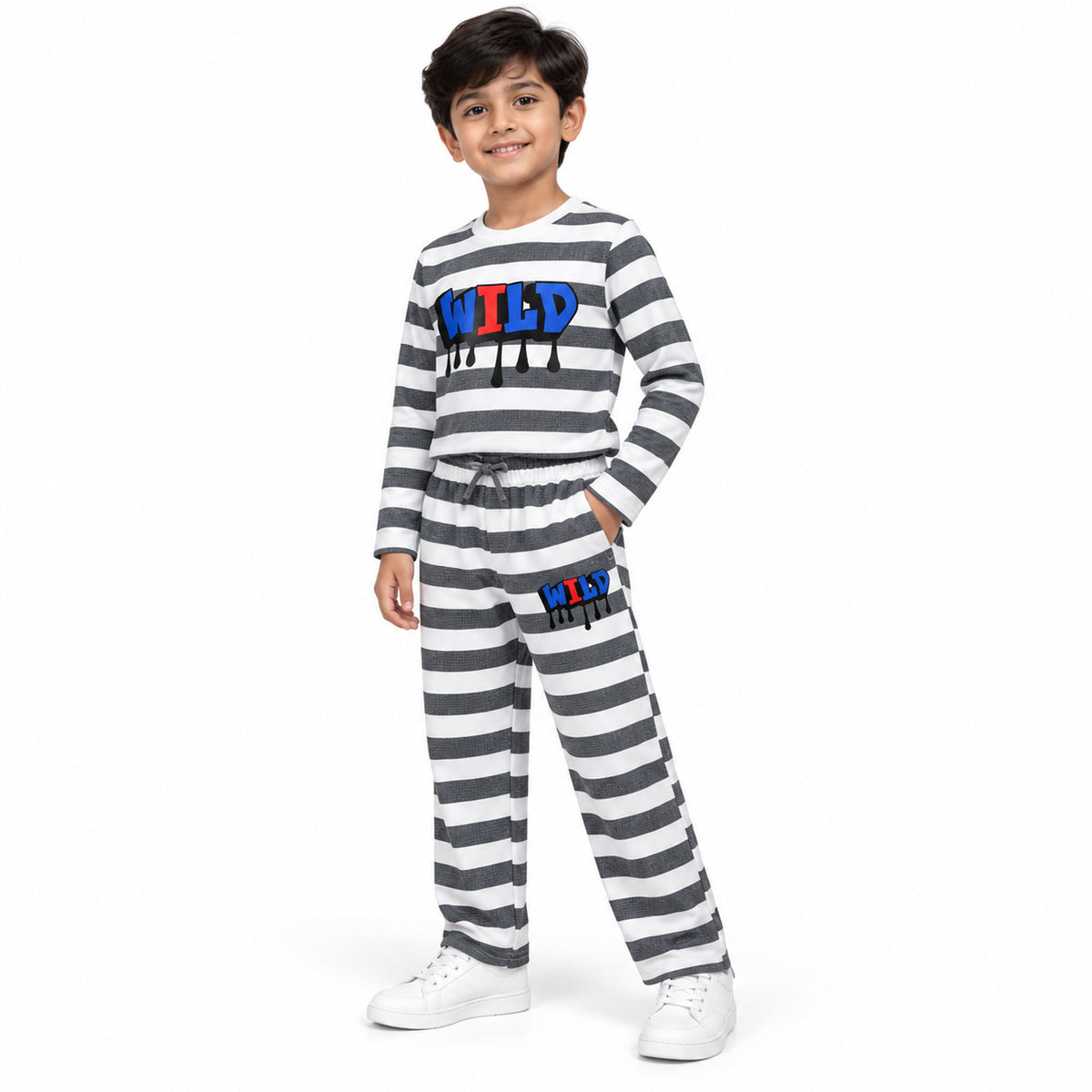 Urban Jipsy Boys Grey Striped Character Print Full Sleeve T-Shirt & Pant Co-ord Set