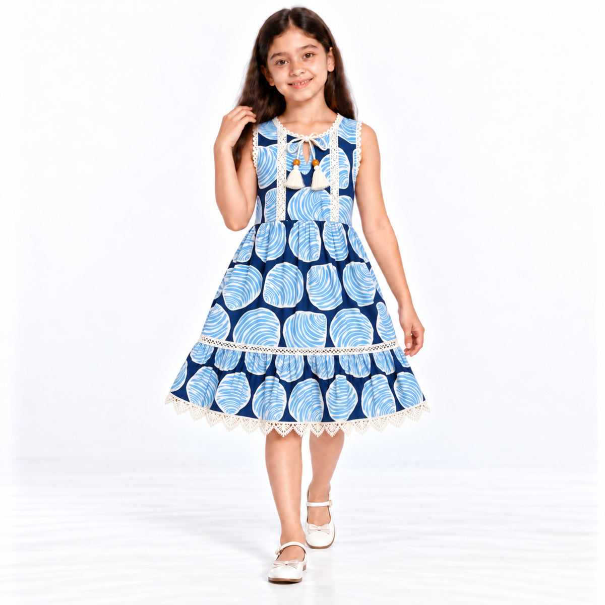 Urban Jipsy Girls Navy Blue Abstract Print Sleeveless Tiered Dress with Tassel Neck