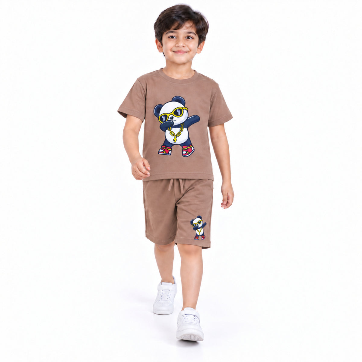 Urban Jipsy Boys Brown Panda Graphic T-Shirt with Matching Shorts Summer Set