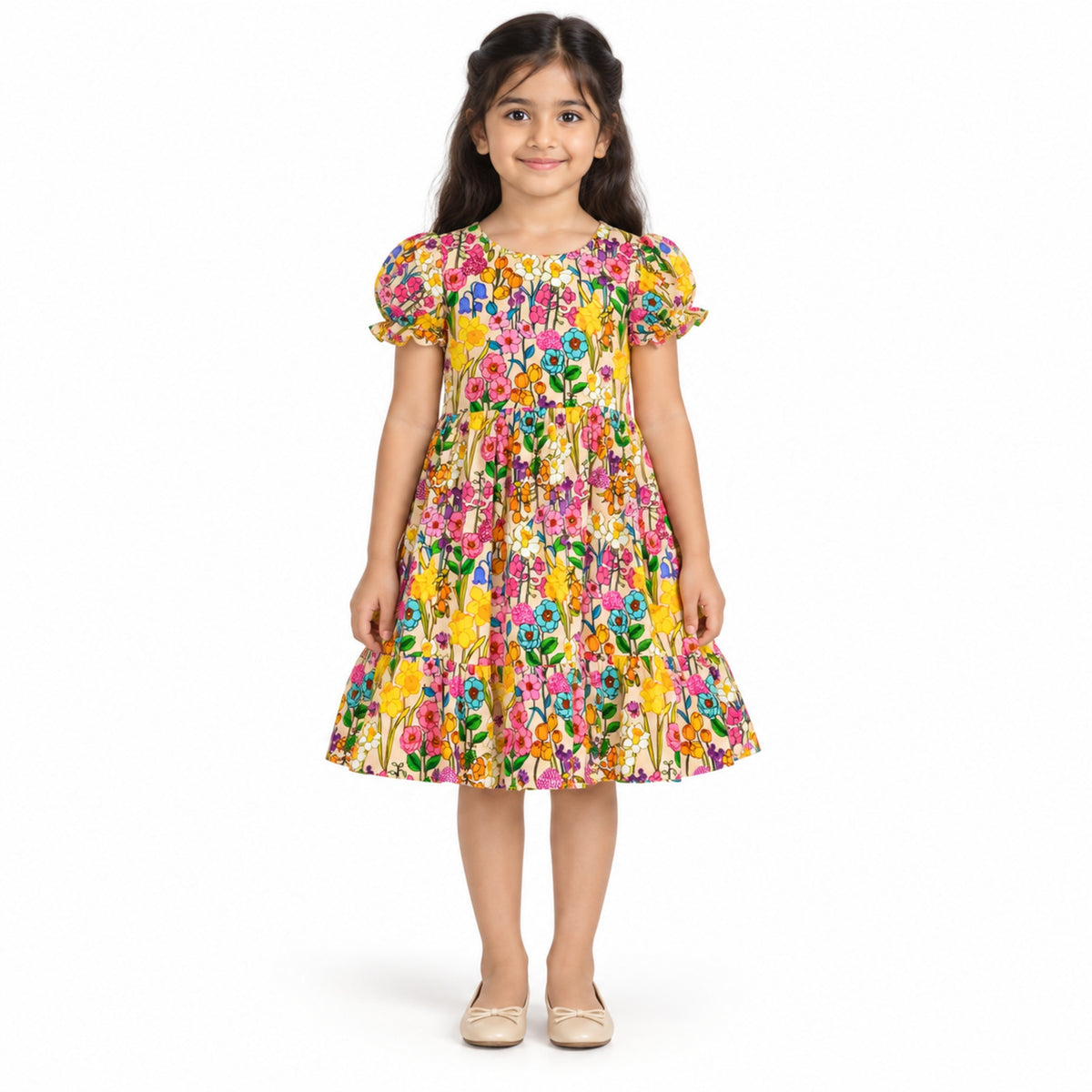 Urban Jipsy Girls Multicolor Floral Printed Puff Sleeve Fit & Flare Party Dress