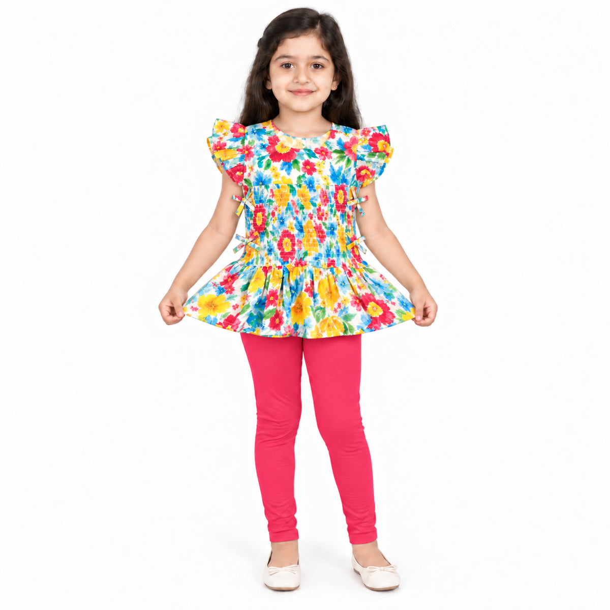 Urban Jipsy Girls Multicolor Floral Printed Smocked Ruffle Top with Flutter Sleeves