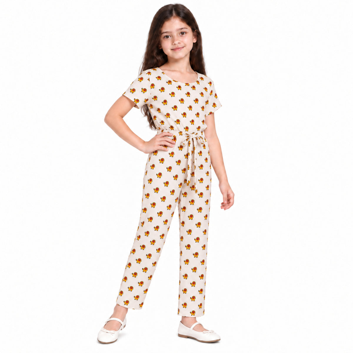 Urban Jipsy Girls Ivory Elephant Print Jumpsuit with Tie Waist & Short Sleeves