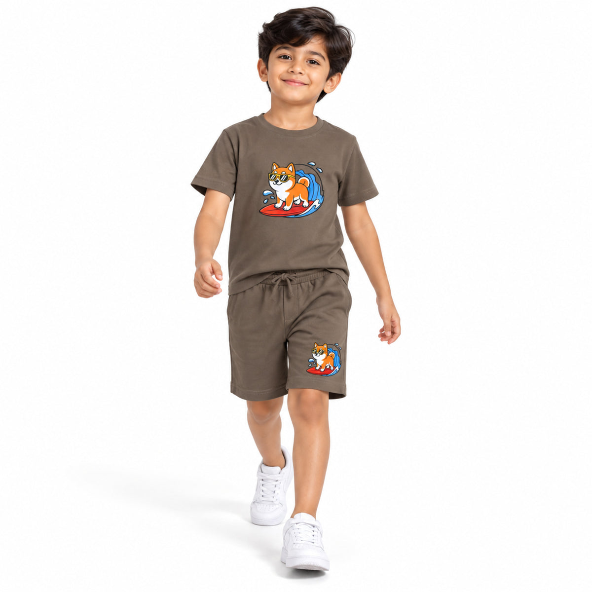 Urban Jipsy Boys Brown Surf Dog Printed Half Sleeve Tee & Drawstring Shorts Set