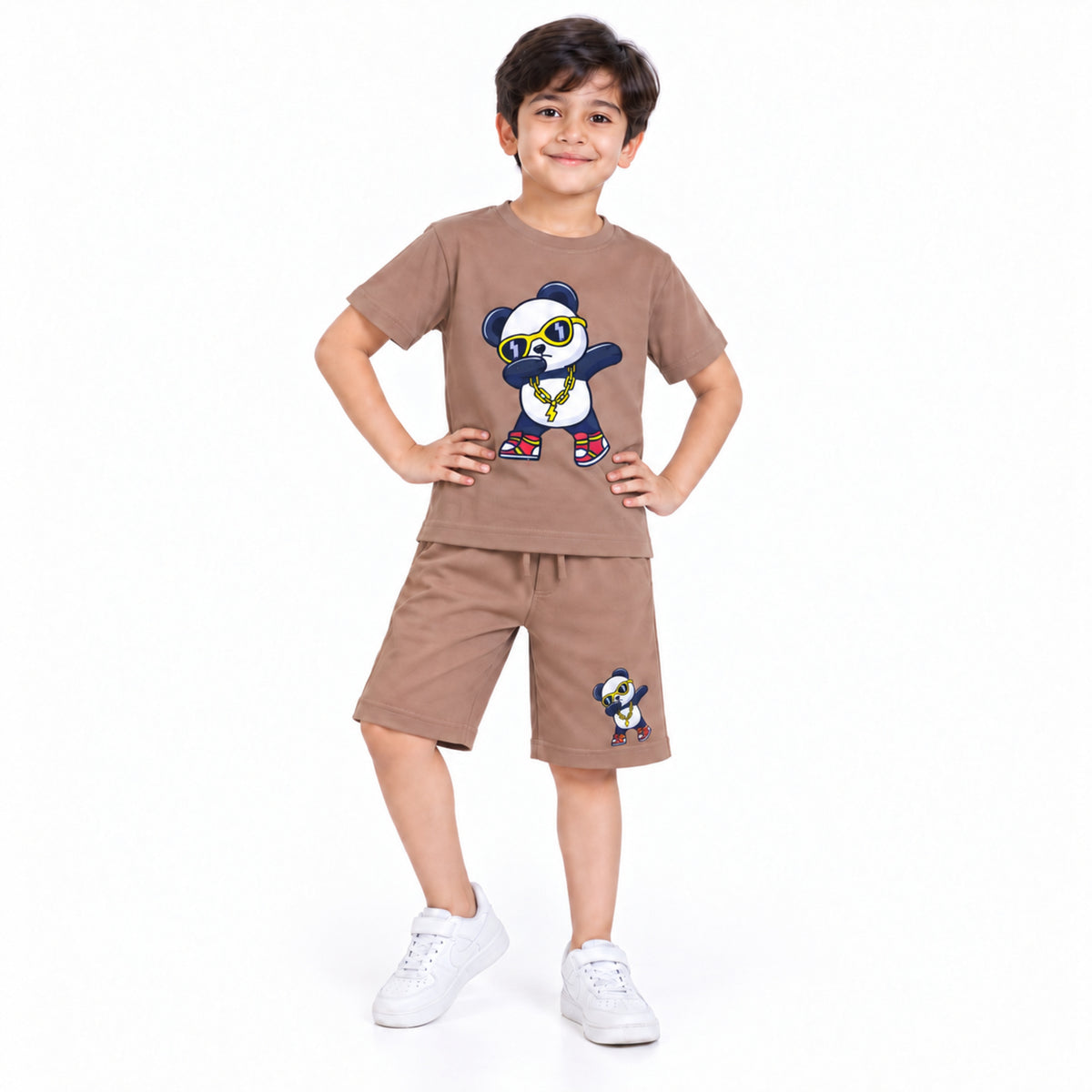 Urban Jipsy Boys Brown Panda Graphic T-Shirt with Matching Shorts Summer Set