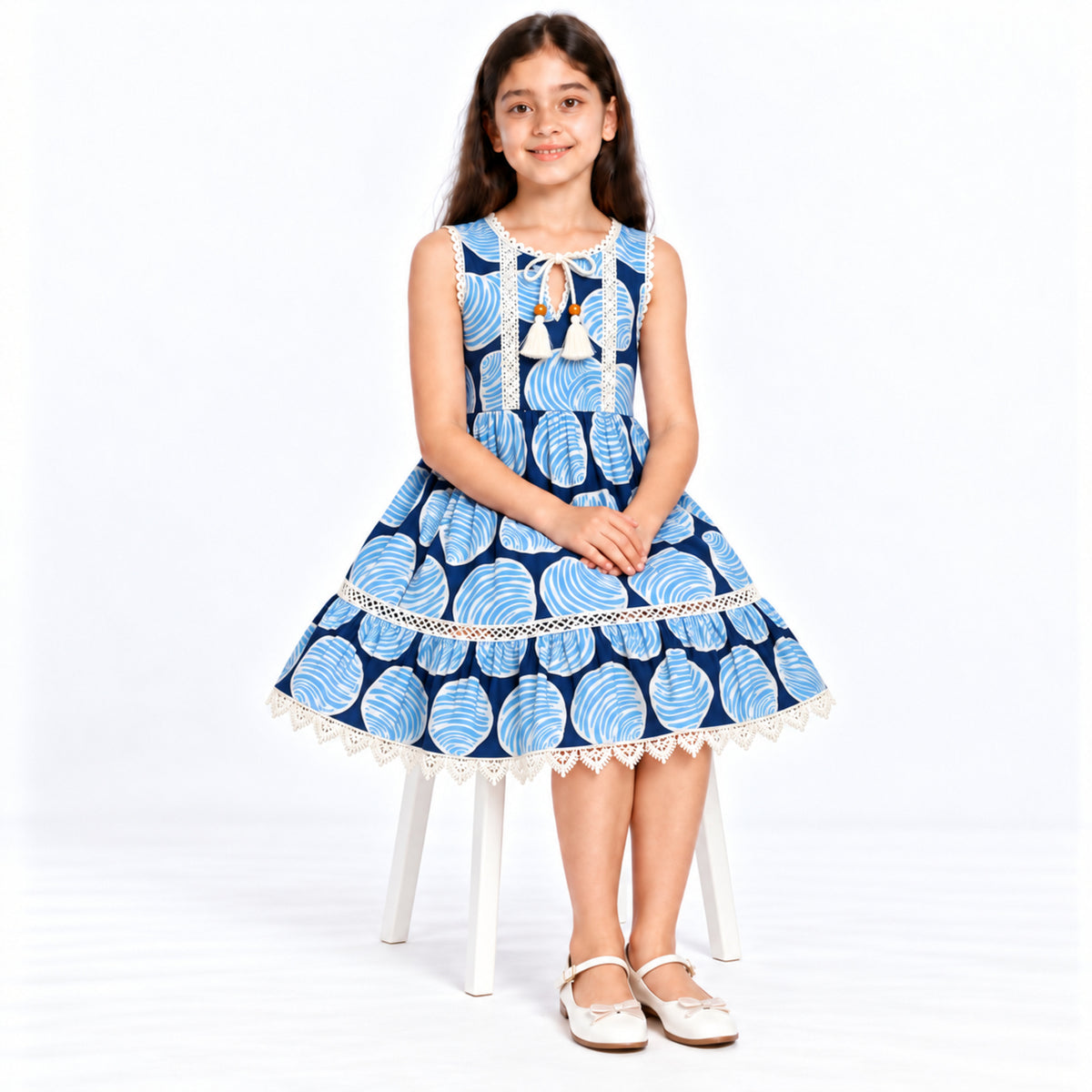Urban Jipsy Girls Navy Blue Abstract Print Sleeveless Tiered Dress with Tassel Neck