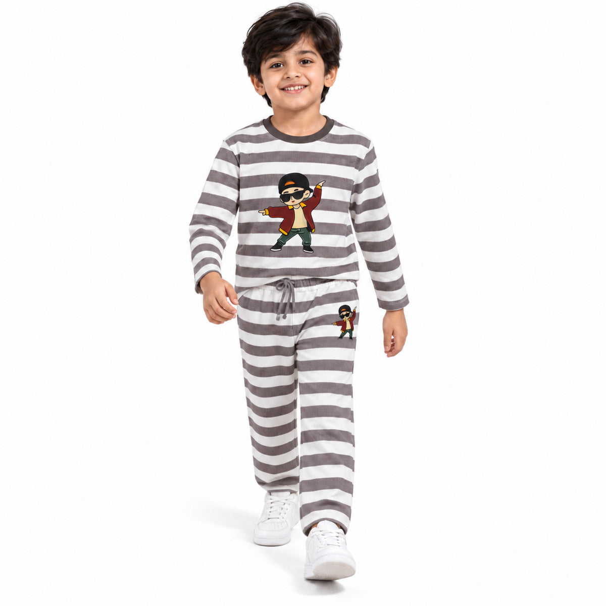 Urban Jipsy Boys Grey Striped Character Print Full Sleeve T-Shirt & Pant Co-ord Set