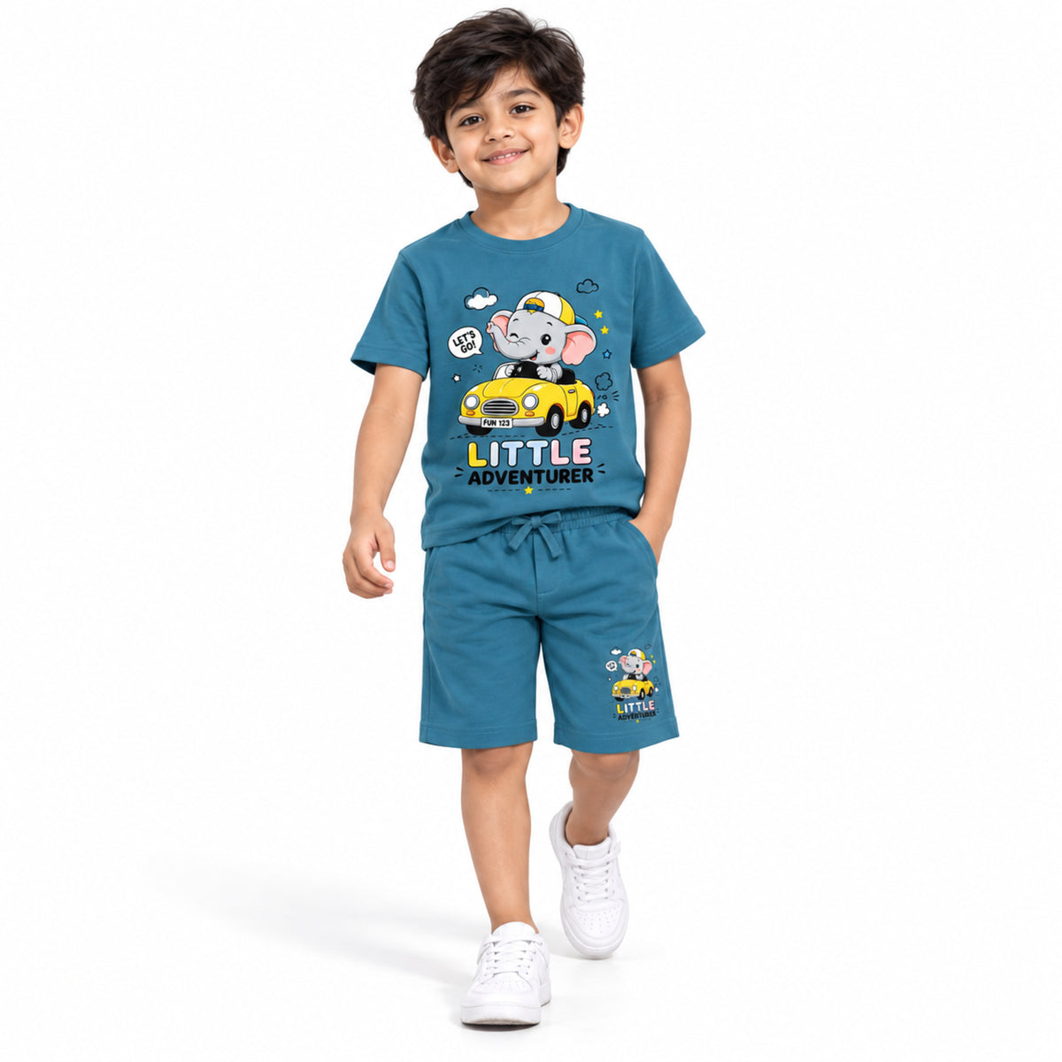 Urban Jipsy Boys Blue Elephant Adventure Printed T-Shirt with Coordinated Shorts