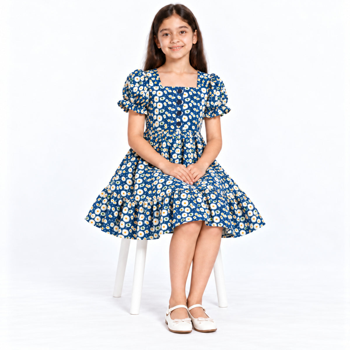 Urban Jipsy Girls Navy Blue Daisy Floral Puff Sleeve Dress with Square Neck & Buttons