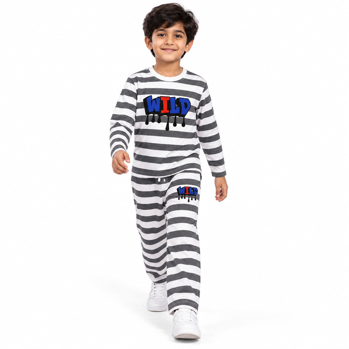 Urban Jipsy Boys Grey Striped Character Print Full Sleeve T-Shirt & Pant Co-ord Set