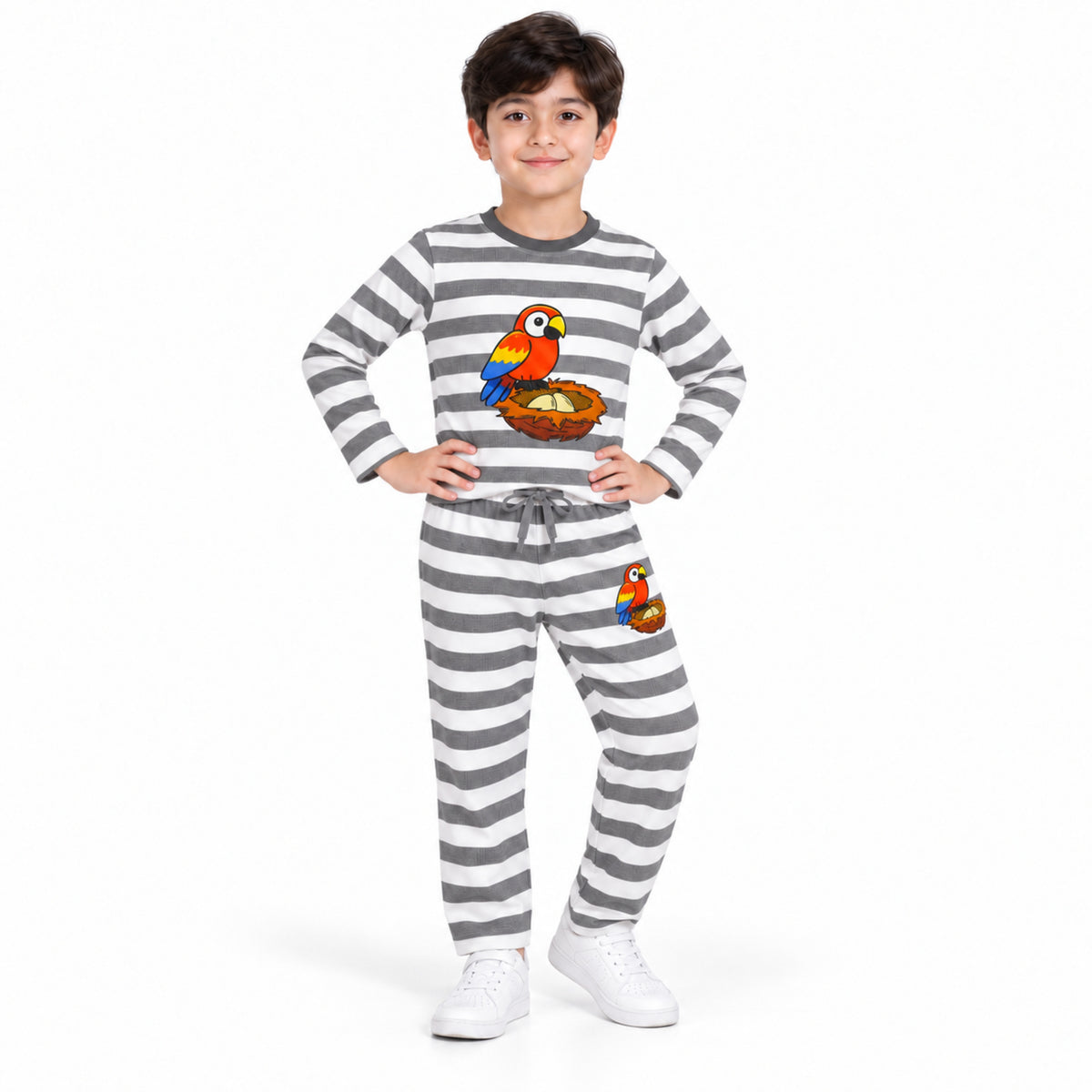 Urban Jipsy Boys Parrot Graphic Grey White Striped Full Sleeve Top & Trouser Set