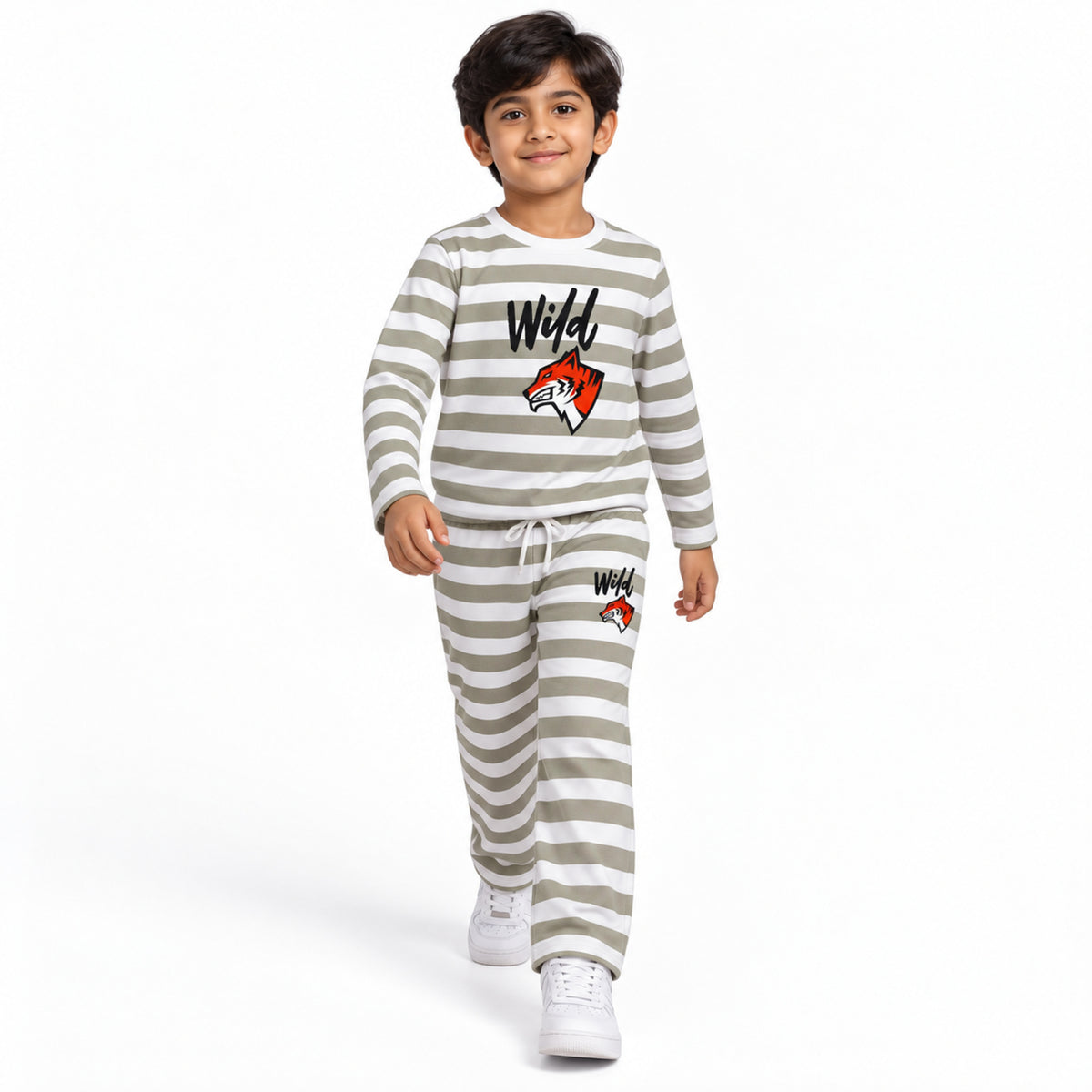 Urban Jipsy Boys Grey White Striped Wild Graphic Full Sleeve Top & Jogger Pant Set