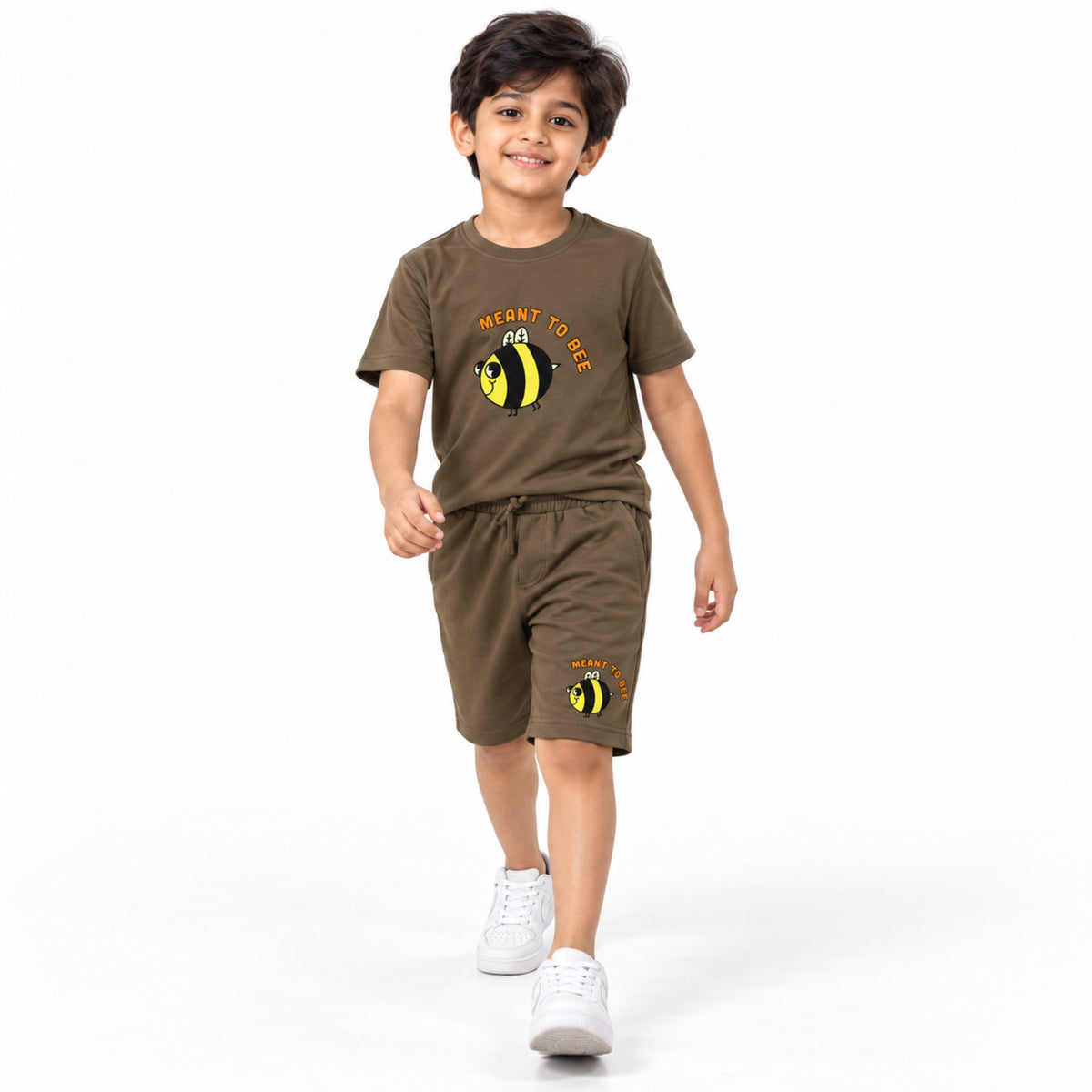 Urban Jipsy Boys Brown Bee Graphic Crew Neck T-Shirt with Matching Casual Shorts