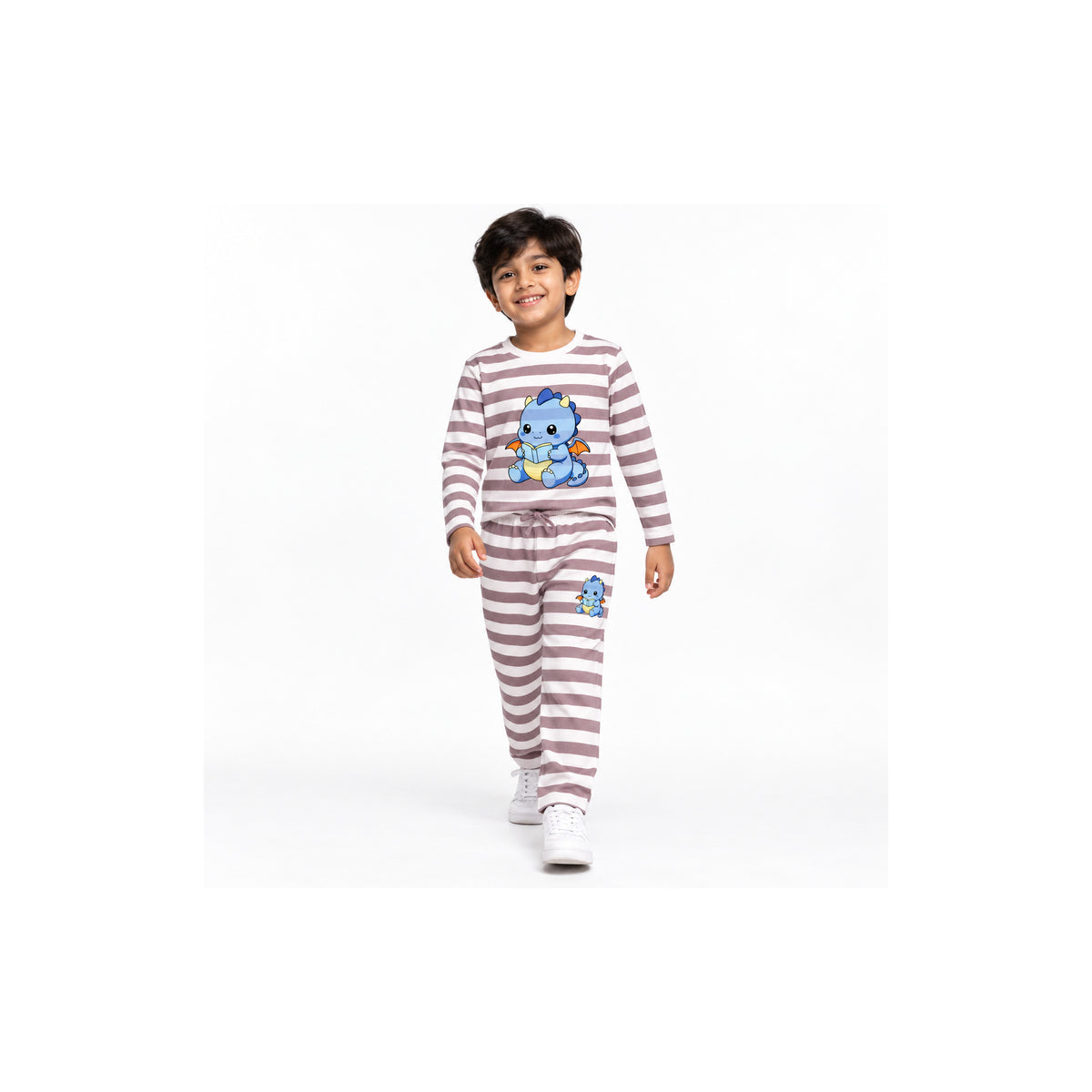 Urban Jipsy Boys Dusty Pink White Striped Cute Dinosaur Print Top & Trouser Set
