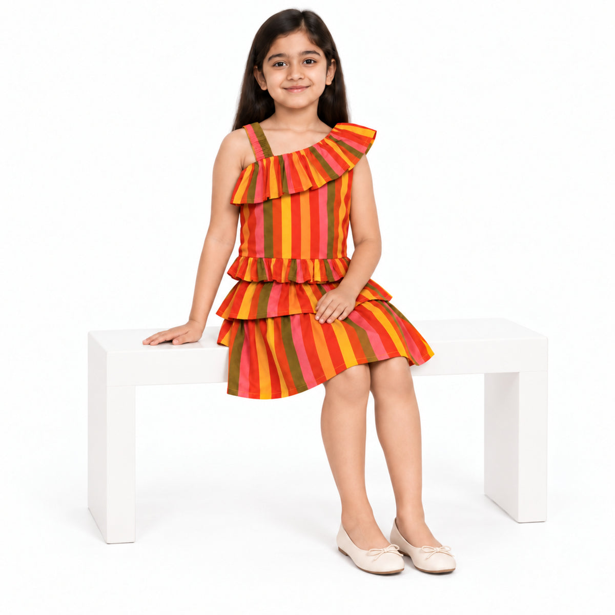 Urban Jipsy Girls Multicolor Striped One Shoulder Ruffle Tiered Party Dress