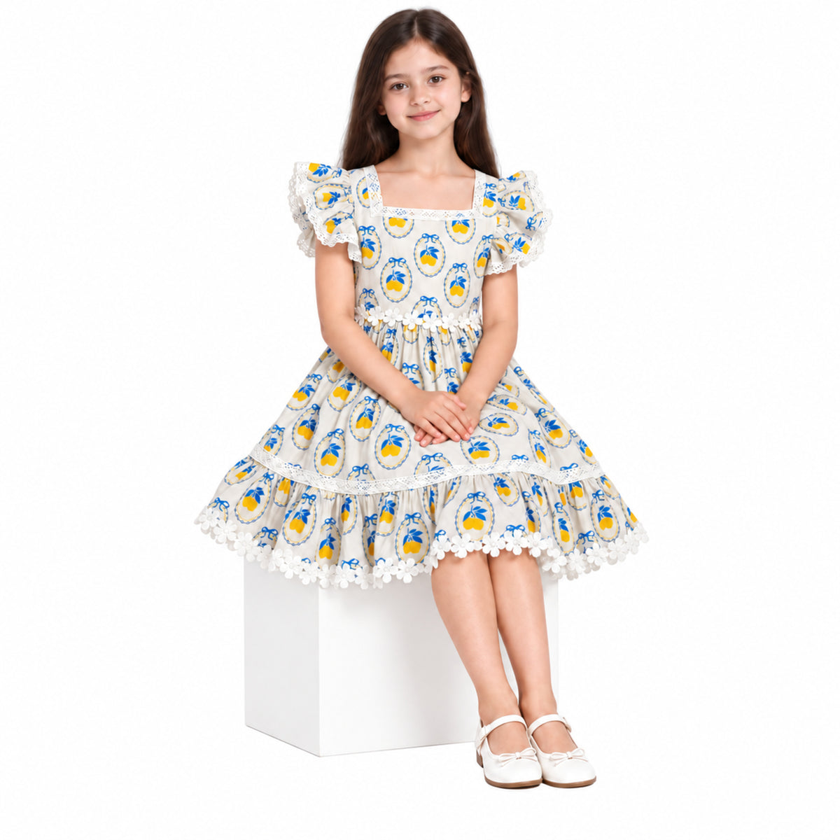 Urban Jipsy Girls White Lemon Print Fit & Flare Dress with Lace & Ruffle Sleeves